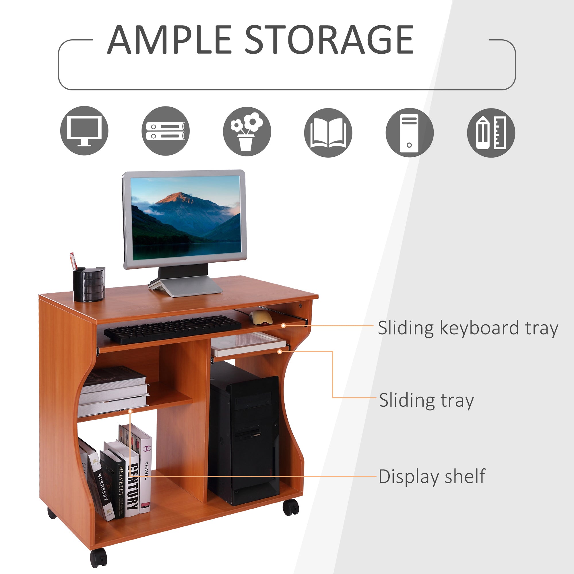 HOMCOM Movable Computer Desk with Sliding Keyboard Tray, PC Laptop Table with Storage Shelves, Workstation on Wheels, 80x48x76cm - North Peak Garden Furniture