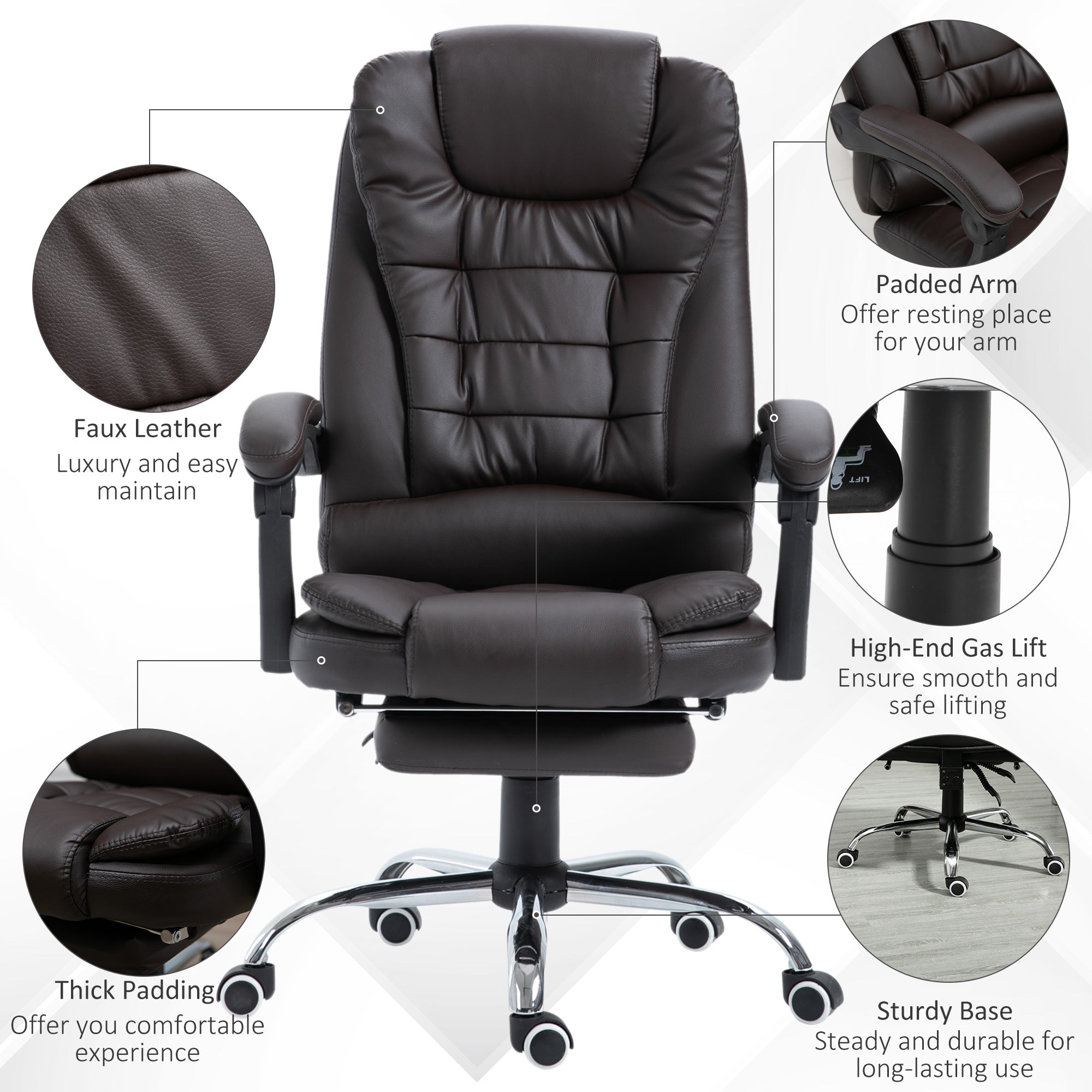 HOMCOM PU Leather Executive Office Chair, High Back Swivel Chair with Retractable Footrest, Adjustable Height, Reclining Function, Brown - North Peak Garden Furniture