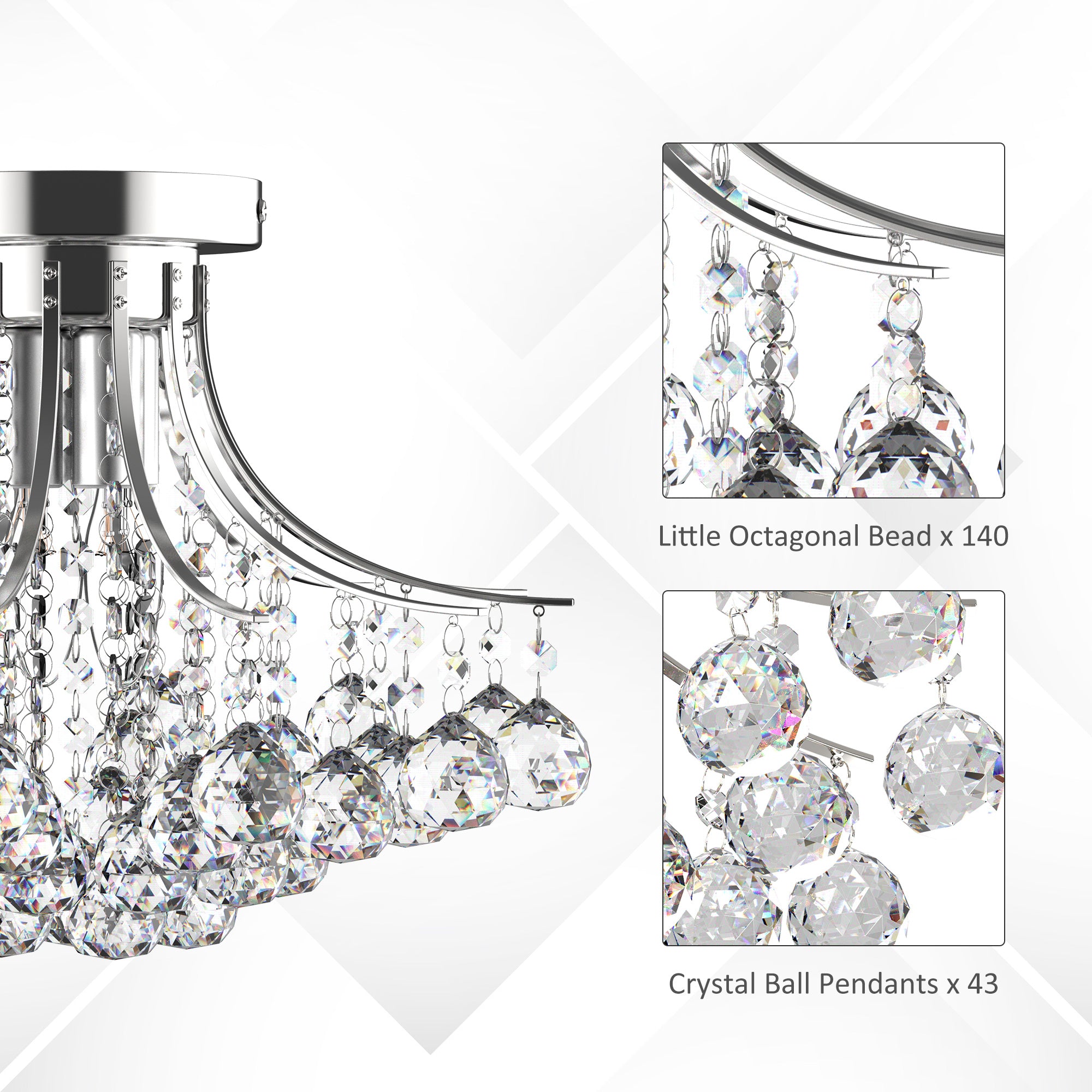 HOMCOM 3 Lights Mordern Style Ceiling Chandelier Pendant Crystal Light w/ Transparent K9 Crystal Droplets D40 X 28H (CM)