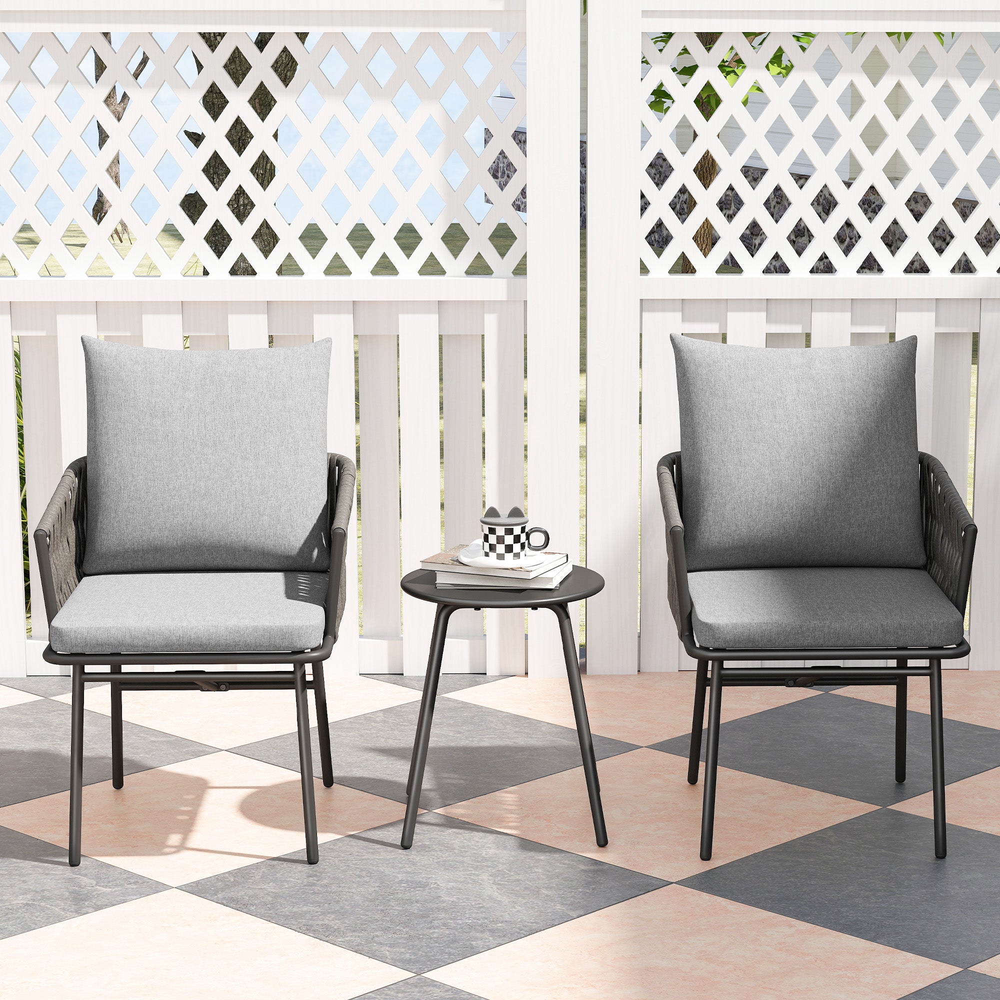 Outsunny 3-Piece Rattan Bistro Set, Garden Table and Chairs with 4 Cushions, Patio Rattan Conversation Furniture Set for Balcony, Porch, Terrace, Grey - North Peak Garden Furniture