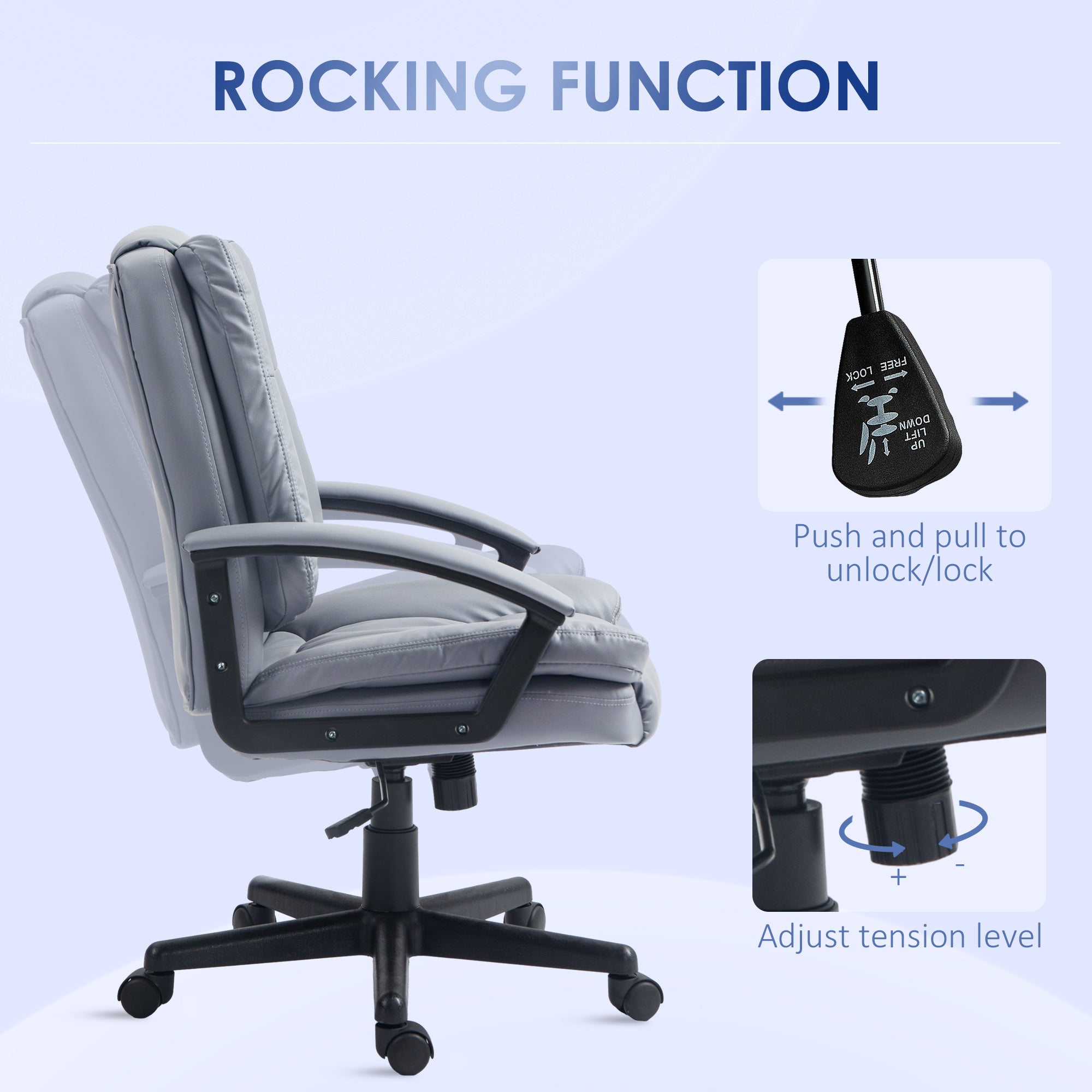 HOMCOM Office Chair, Faux Leather Computer Desk Chair, Mid Back Executive Chair with Adjustable Height and Swivel Rolling Wheels for Home Study, Light Grey - North Peak Garden Furniture