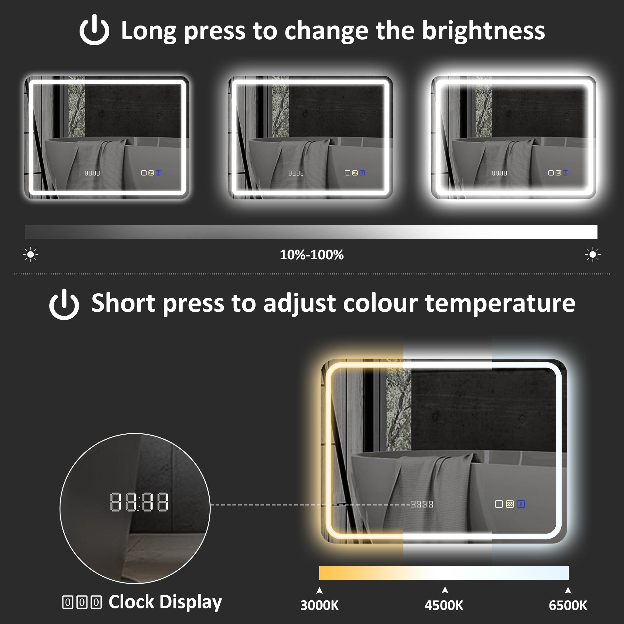 HOMCOM 60 x 80 cm Bluetooth LED Bathroom Mirror with Clock Anti-Fog - Silver Tone - North Peak Garden Furniture