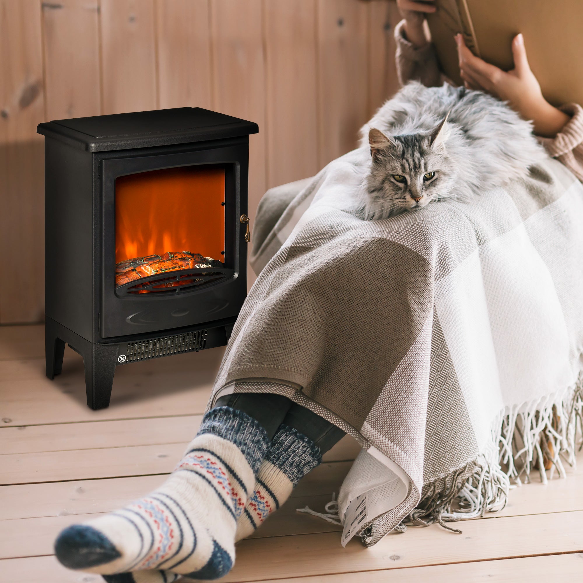 HOMCOM Electric Fireplace Stove, Free standing Fireplace Heater with Realistic LED Flame Effect, Overheat Safety Protection, 900W/1800W, Black - North Peak Garden Furniture