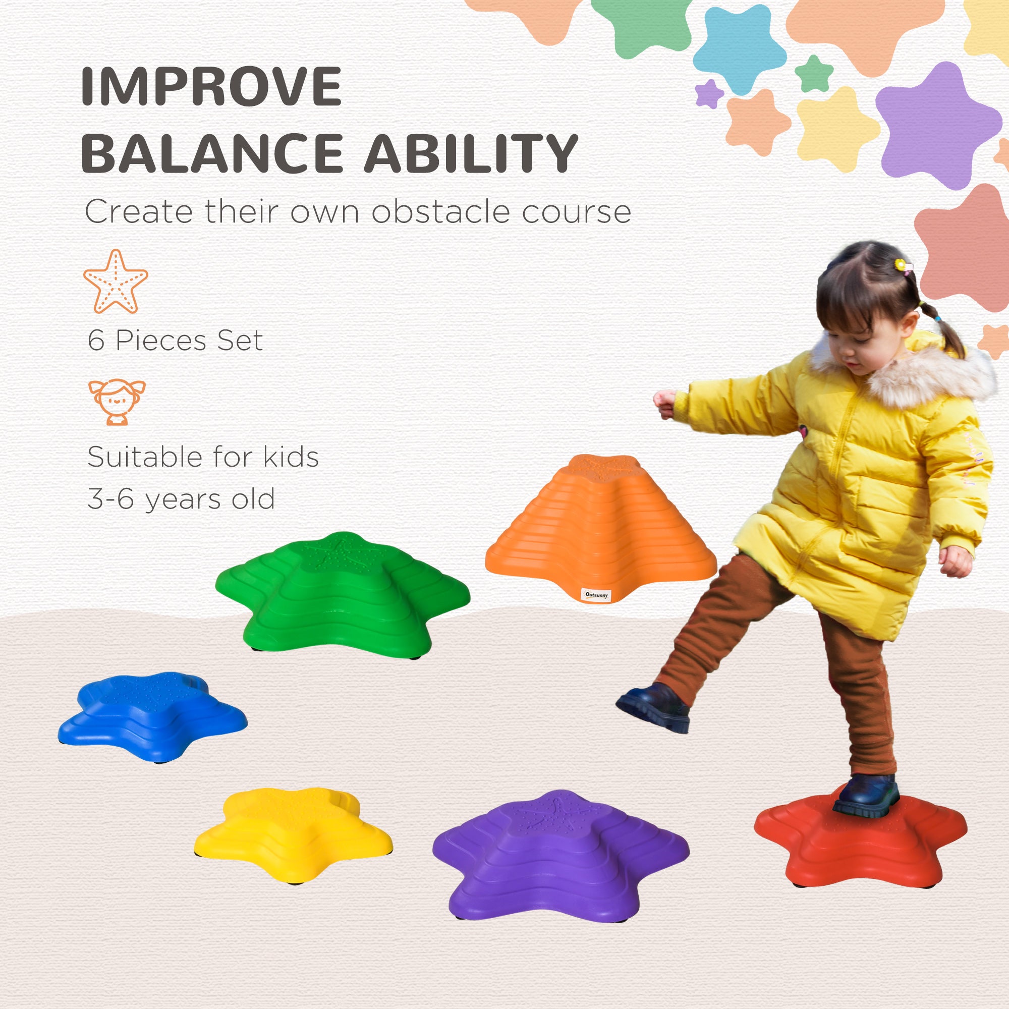 Outsunny 6-Piece Kids Balance Stepping Stones, Starfish Style Non-slip Obstacle Course, Stackable Balance Blocks Garden Toys Encourage Toddler Balance Indoor Outdoor