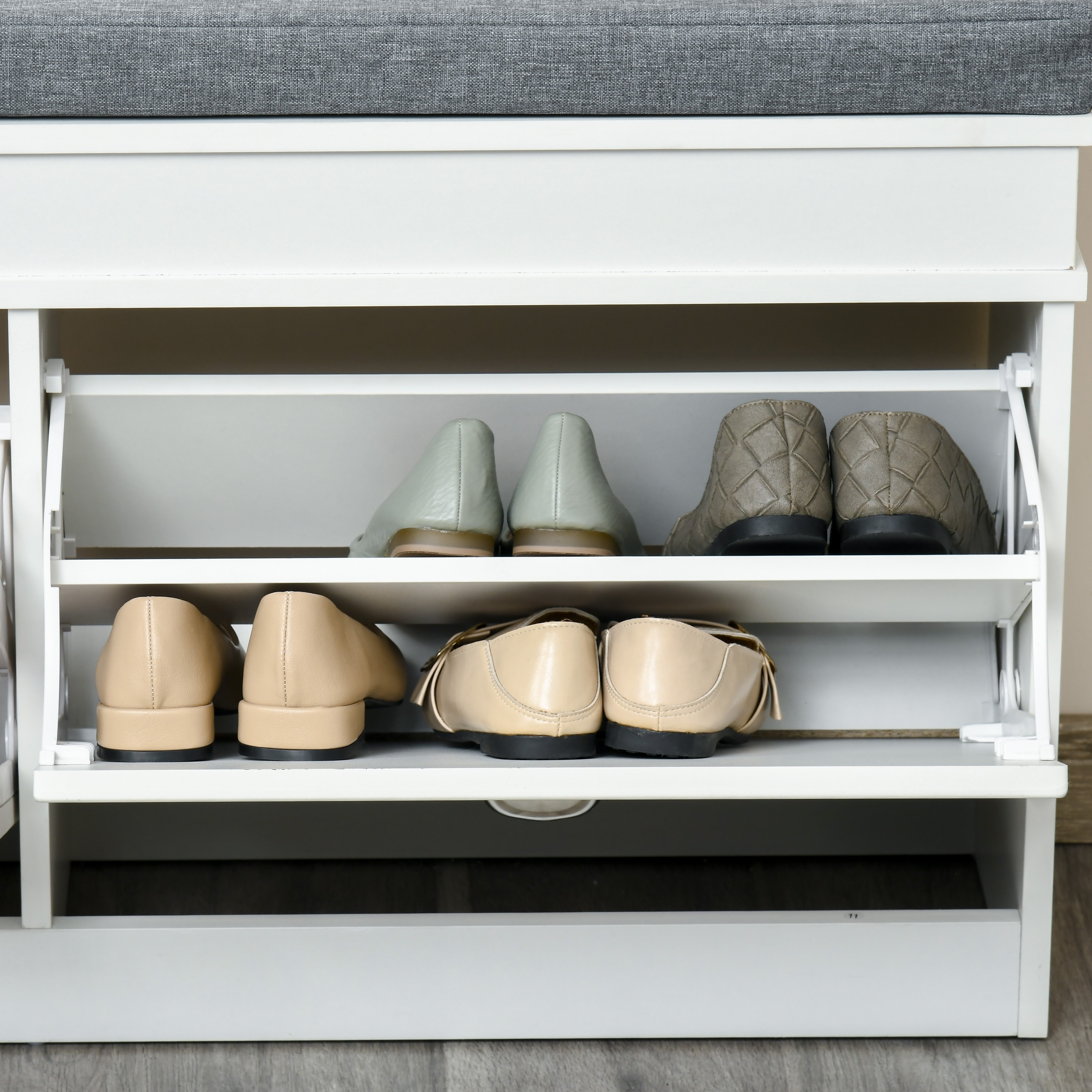 HOMCOM Shoe Storage Bench with Flip Drawers, Shoe Cabinet with Seat Cushion and Adjustable Shelf for Hallway, Entryway, Living Room, Bedroom, White