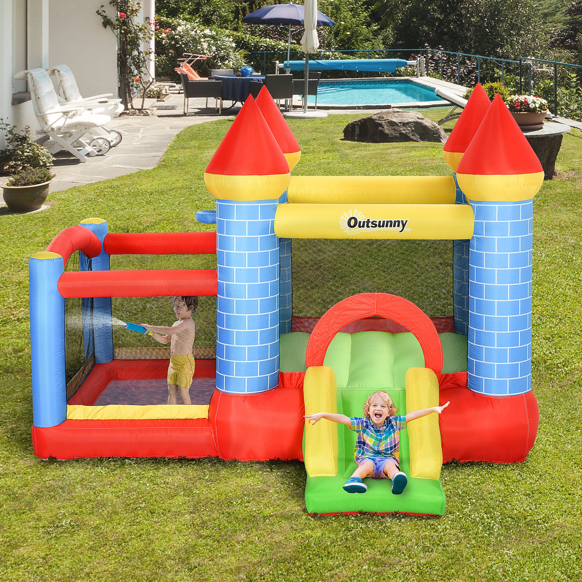 Outsunny Kids Bounce Castle Inflatable Trampoline Slide Pool Basket for Kids Age 3-10, 3 x 2.75 x 2.1m