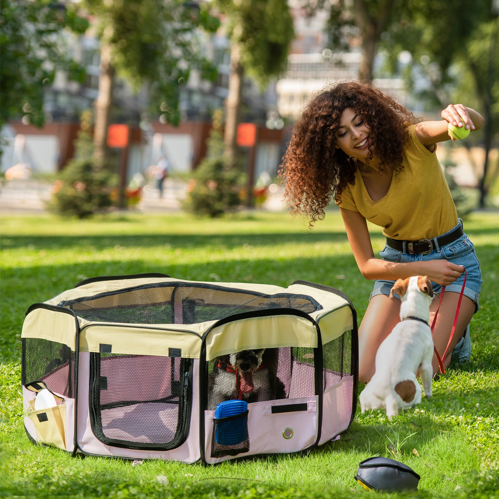 PawHut Fabric Pet Whelping Box Dog Cat Puppy Playpen Rabbit Guinea Pig Play Pen in Pink With Carry Bag Small Dia 90 x 41Hcm - North Peak Garden Furniture