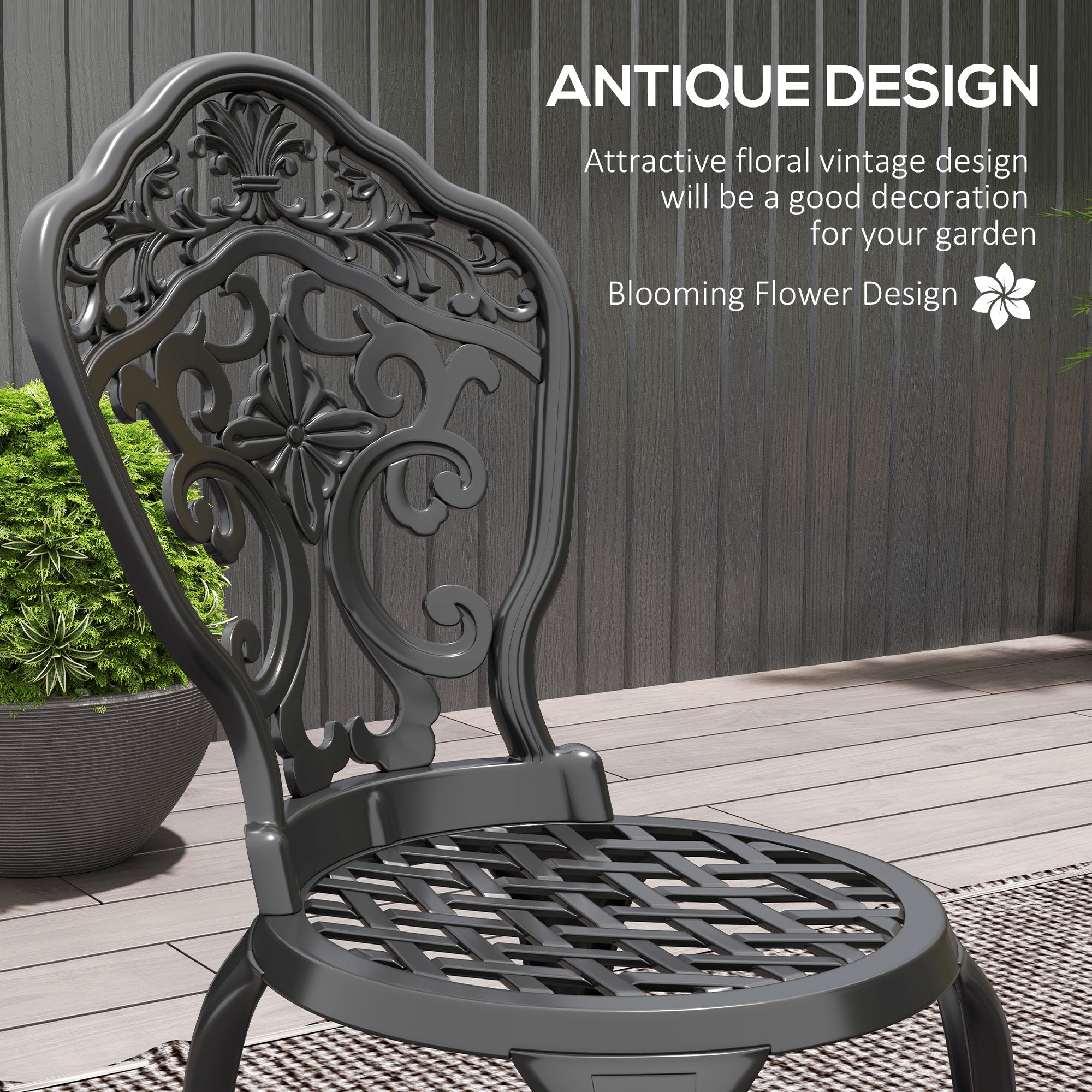 Outsunny Three-Piece Aluminium Floral Bistro Set - Black - North Peak Garden Furniture