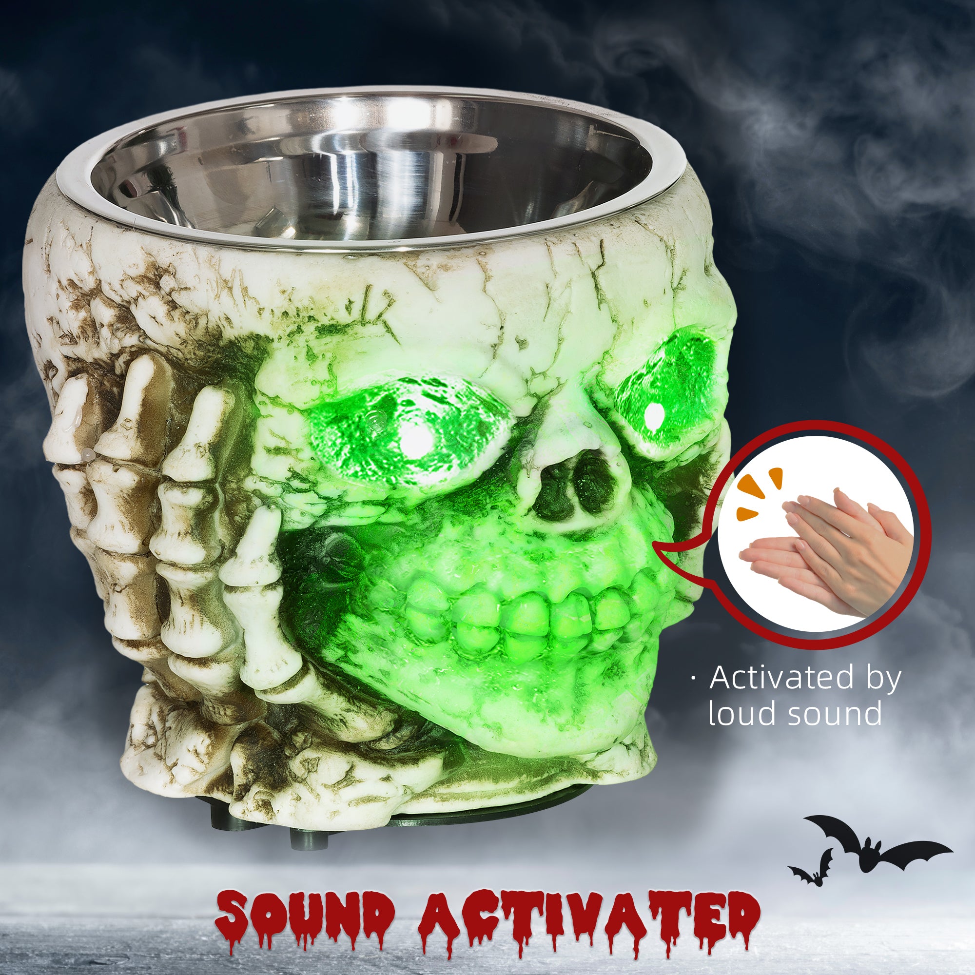 HOMCOM 14cm 5.5" Skeleton Candy Bowl Outdoor Halloween Decoration, Halloween Prop with Sound Activated, Light Up Eyes, Sound Effects for Haunted House