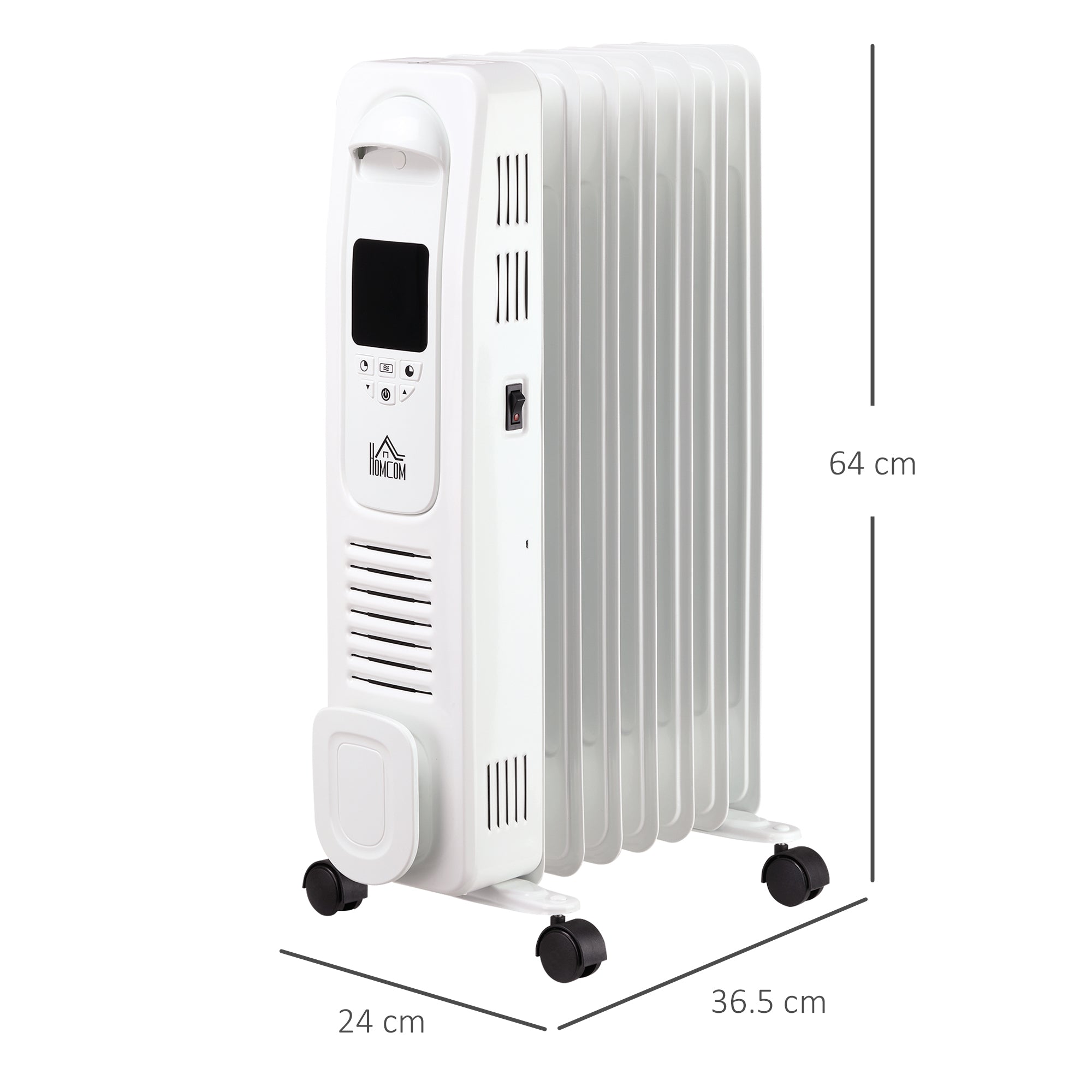 HOMCOM 1500W Digital Oil Filled Radiator, 7 Fin, Portable Electric Heater with LED Display, Built-in Timer, 3 Heat Settings, Safety Cut-Off and Remote Control, White - North Peak Garden Furniture