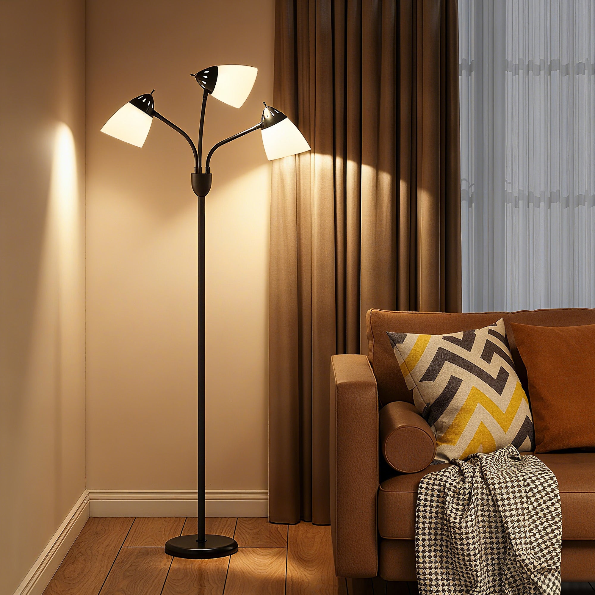 HOMCOM Arc Tree Floor Lamp with 3 Adjustable Rotating Lights, for Bedroom Living Room, Industrial Standing Lamp with Steel Frame, 155cm, Black
