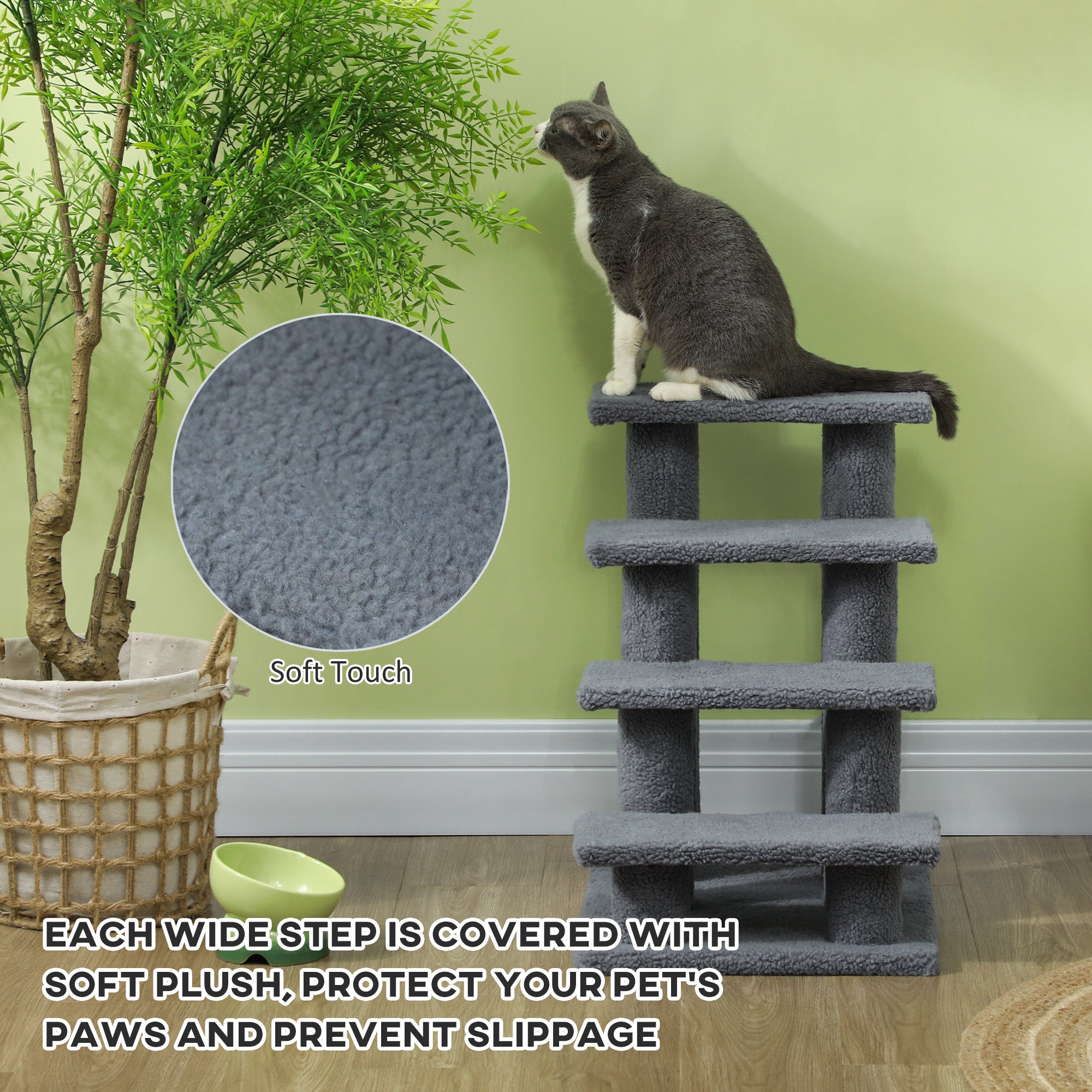PawHut Dog Steps for Bed 4 Step Pet Stairs for Sofa Dog Cat Climb Ladder 63x43x60 cm Grey - North Peak Garden Furniture