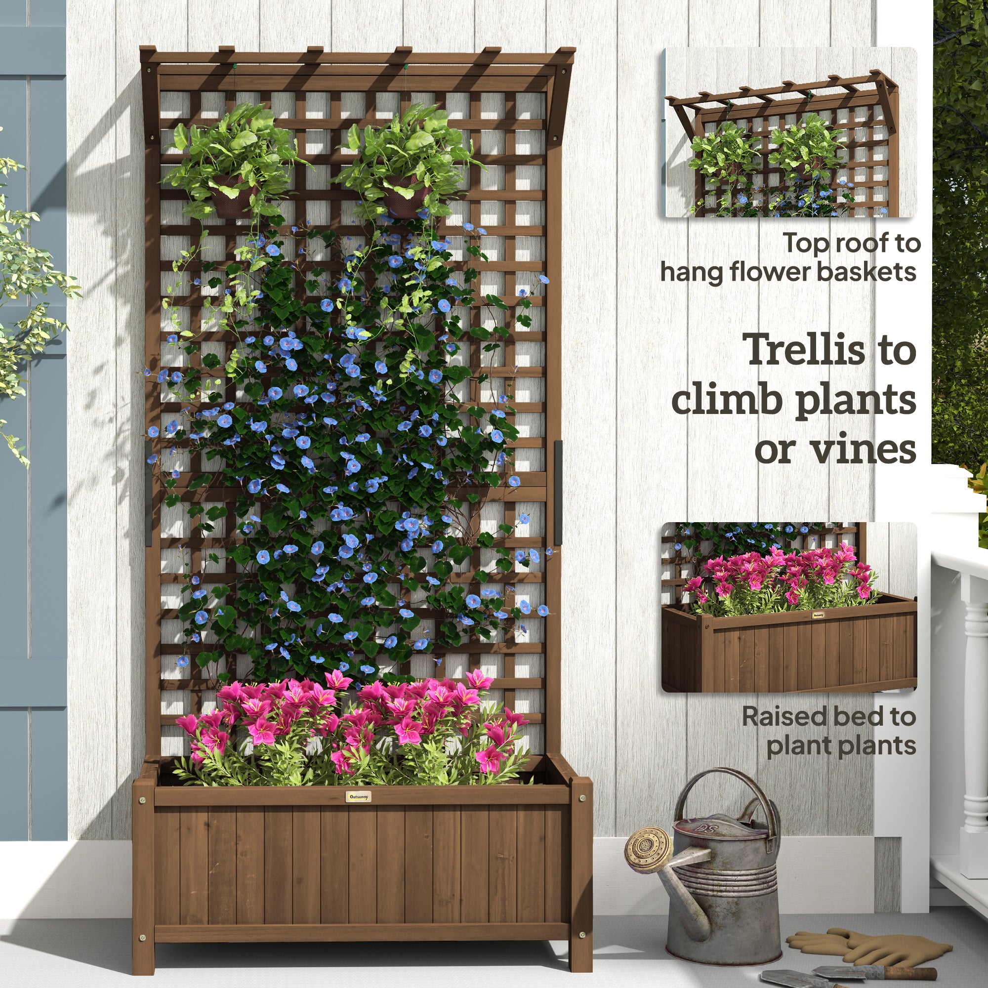 Outsunny Raised Bed with Drainage Holes, Wood Planter with Trellis for Climbing Plants to Grow Vegetables, Flowers, Brown