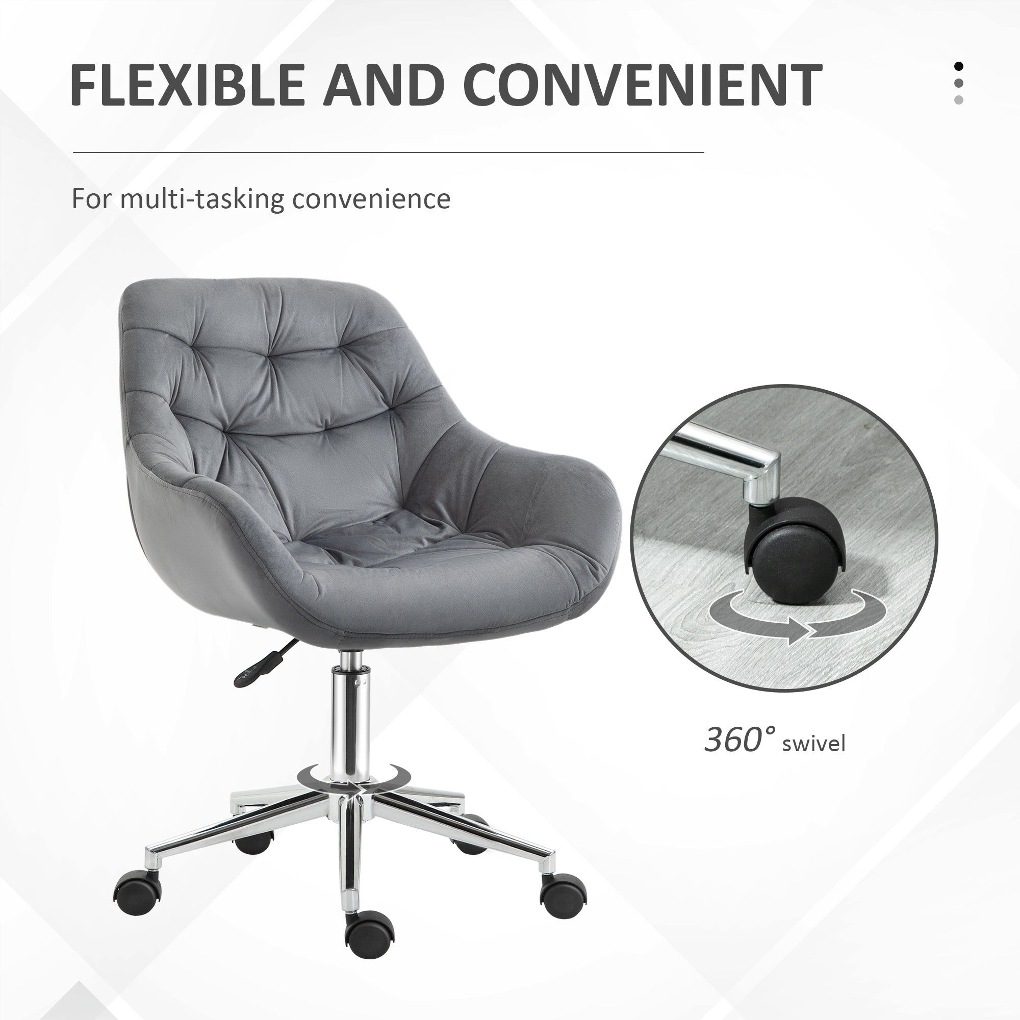 Vinsetto Home Office Chair Velvet Ergonomic Computer Chair Comfy Desk Chair with Adjustable Height, Arm and Back Support, Dark Grey - North Peak Garden Furniture