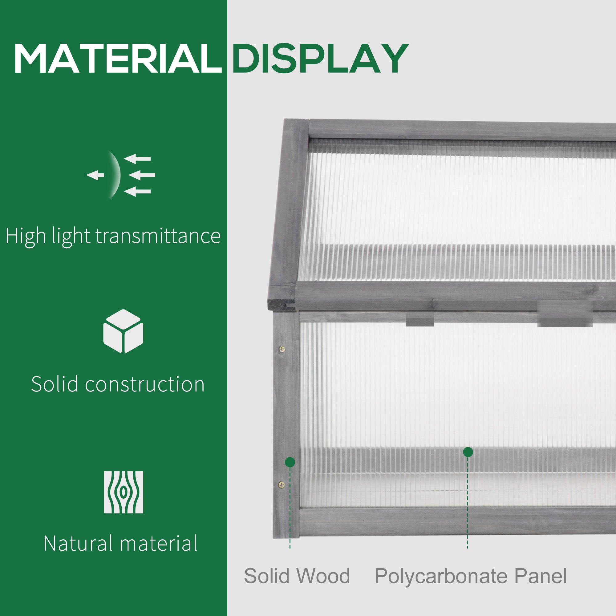 Outsunny Wooden Cold Frame Garden Polycarbonate Greenhouse with Openable Top Cover, Grow House for Flowers, Vegetables, Plants, 90 x 52 x 50cm, Grey - North Peak Garden Furniture
