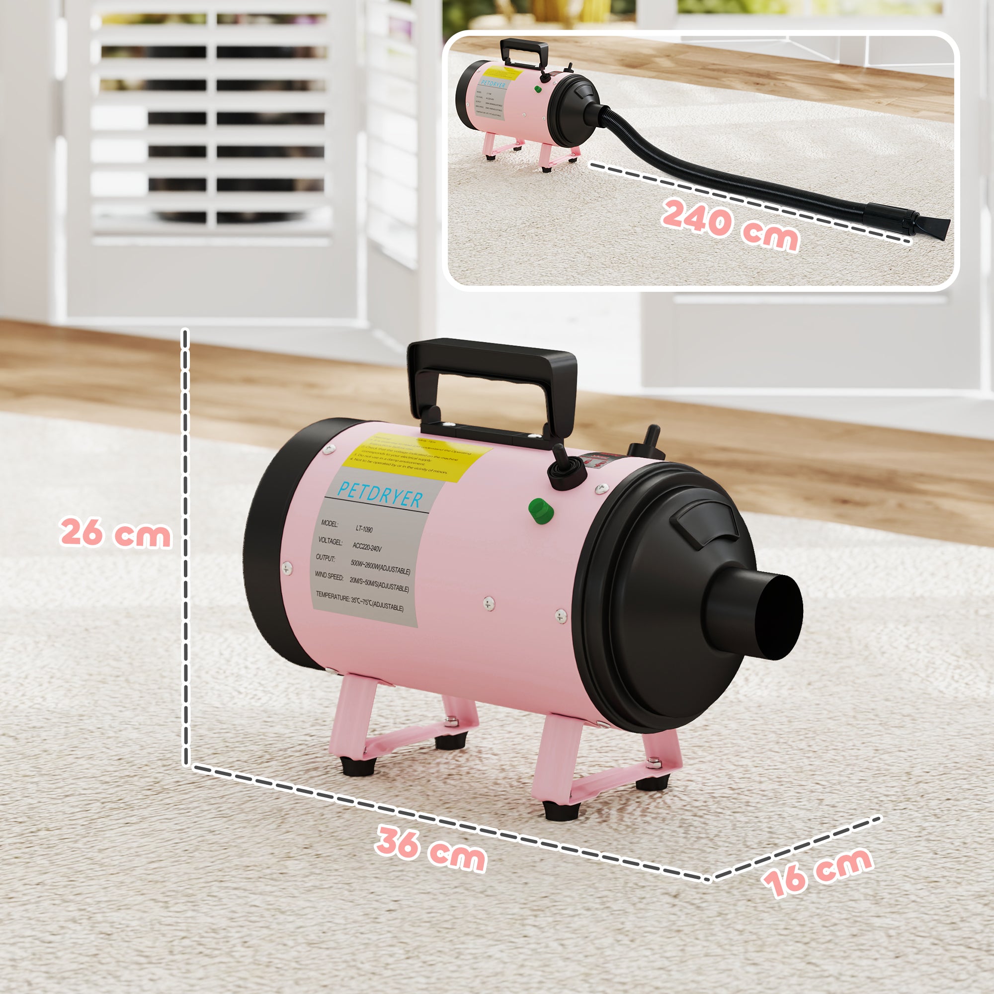 PawHut 2200W Dog Hair Dryer with Adjustable Temperature & Velocity, 3 Different Nozzles, Pink - North Peak Garden Furniture