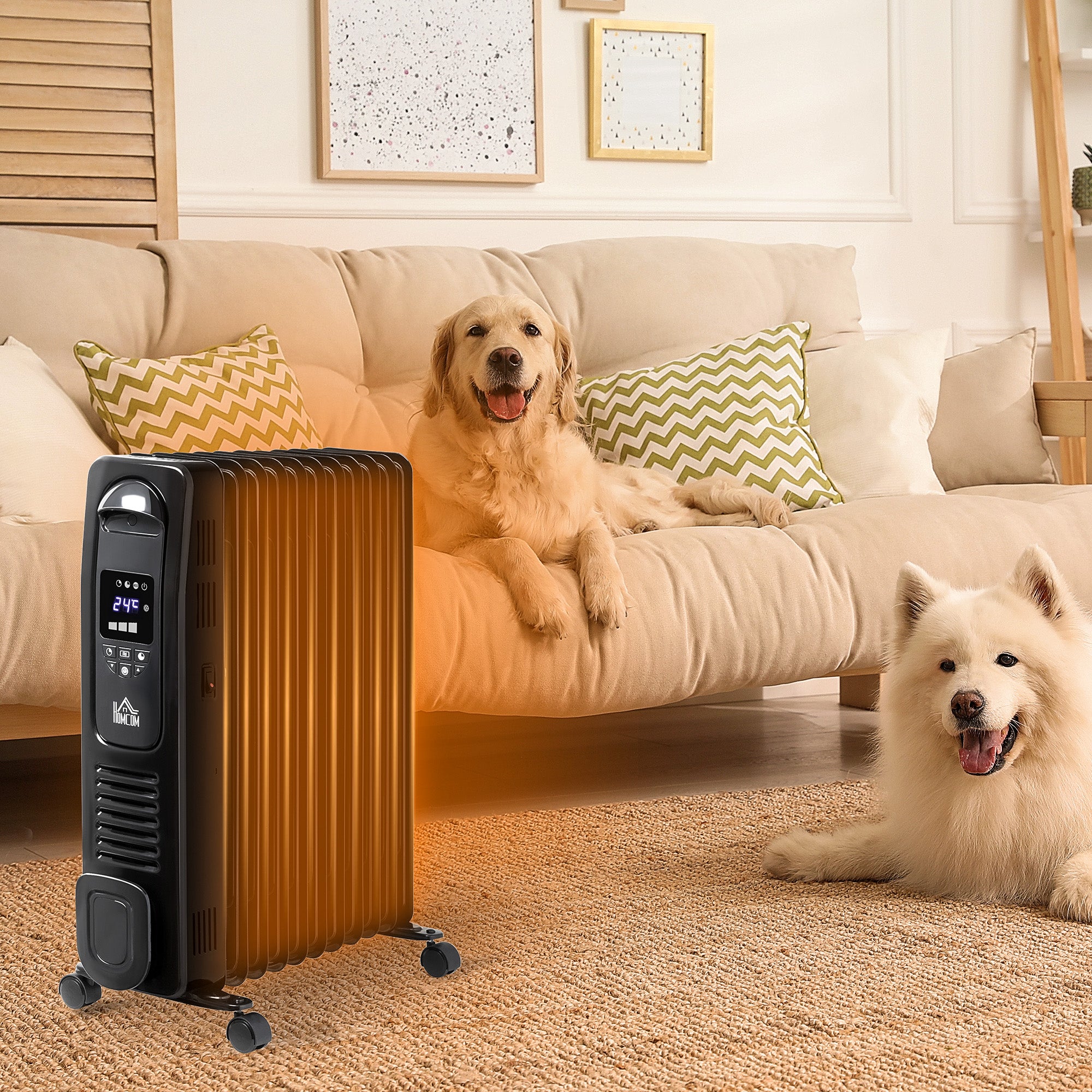 HOMCOM 2500W Digital Display Oil Filled Radiator, 11Fin Portable Electric Heater with Timer, Adjustable Thermostat, Three Heat settings, Safety Cut Off, Remote, Black - North Peak Garden Furniture