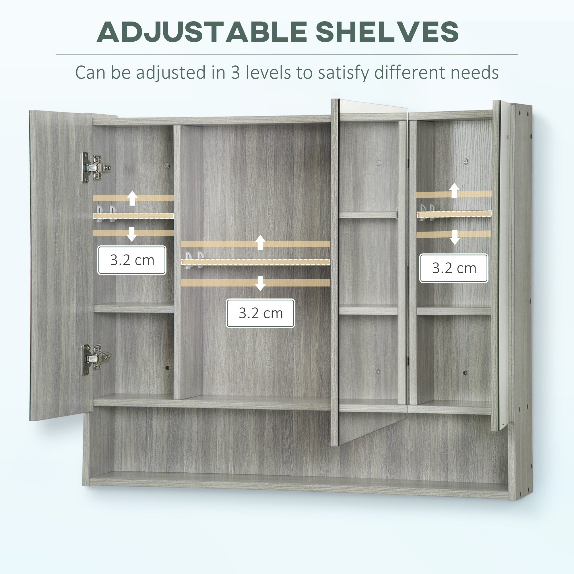 kleankin Bathroom Mirror Cabinet, Wall Mounted Storage Cabinet with Adjustable Shelves, 3 Doors and Cupboards, Grey - North Peak Garden Furniture