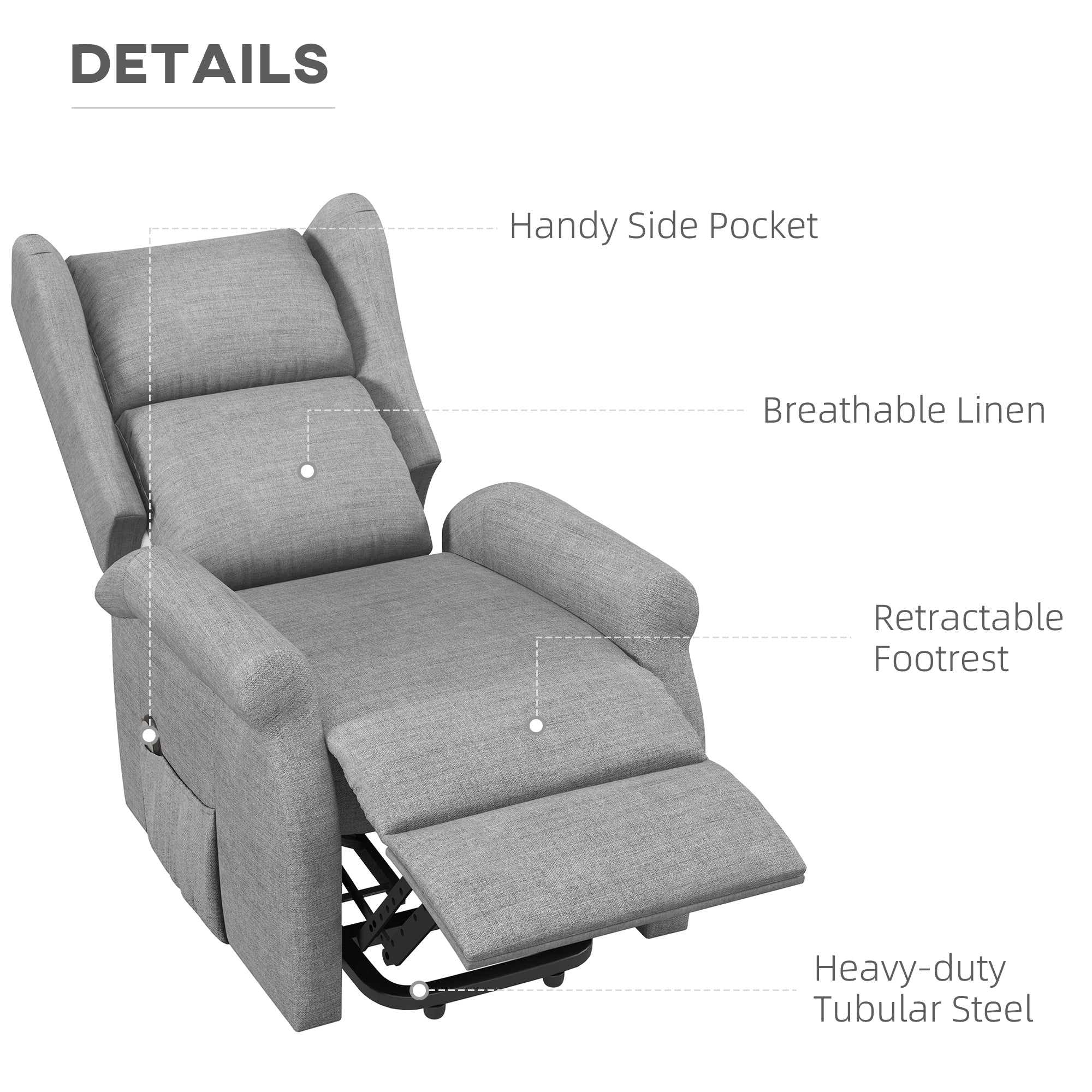 HOMCOM Power Lift Recliner Armchair, Electric Lift Chair for Elderly, Fabric Riser and Reclining Chair with Remote Control, Side Pockets, Extended Footrest, for Living Room, Grey - North Peak Garden Furniture
