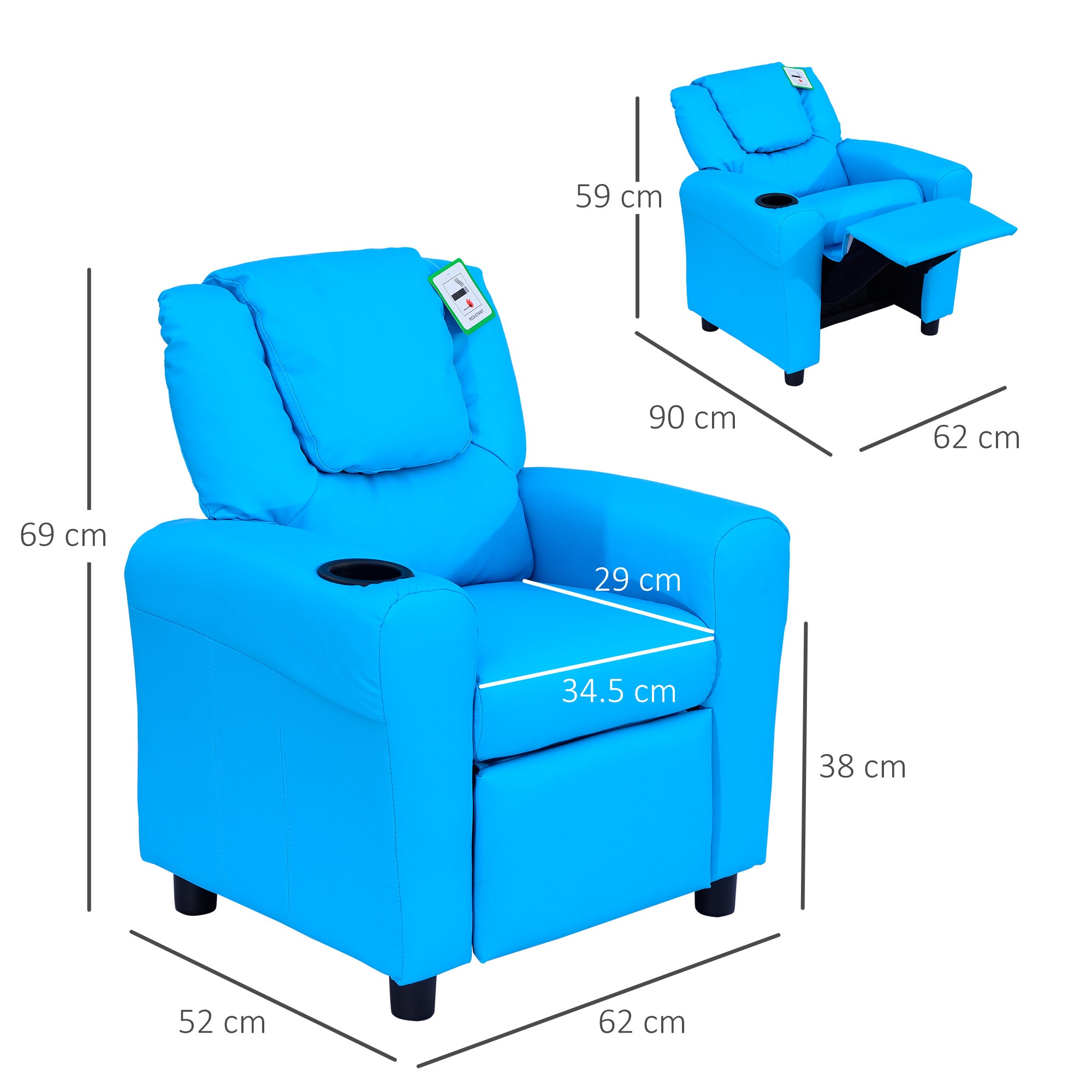 HOMCOM Kids Recliner Chair, PU Leather with Adjustable Backrest, Footrest, Padded Headrest, Blue - North Peak Garden Furniture