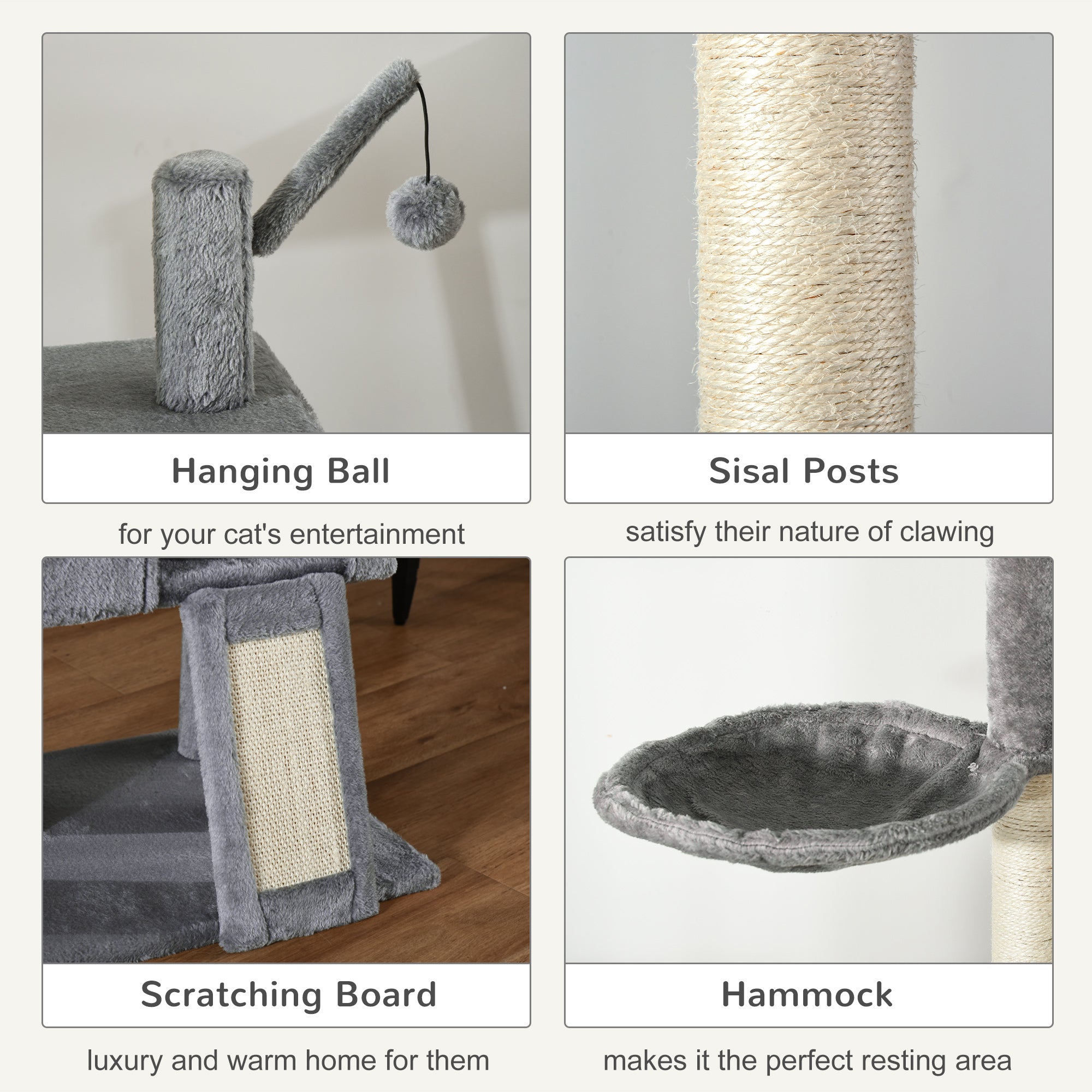 PawHut 270cm Floor To Ceiling Cat Tree Cat House Scratching Post for Indoor Cats Hammock Hanging Ball Activity Center Grey - North Peak Garden Furniture