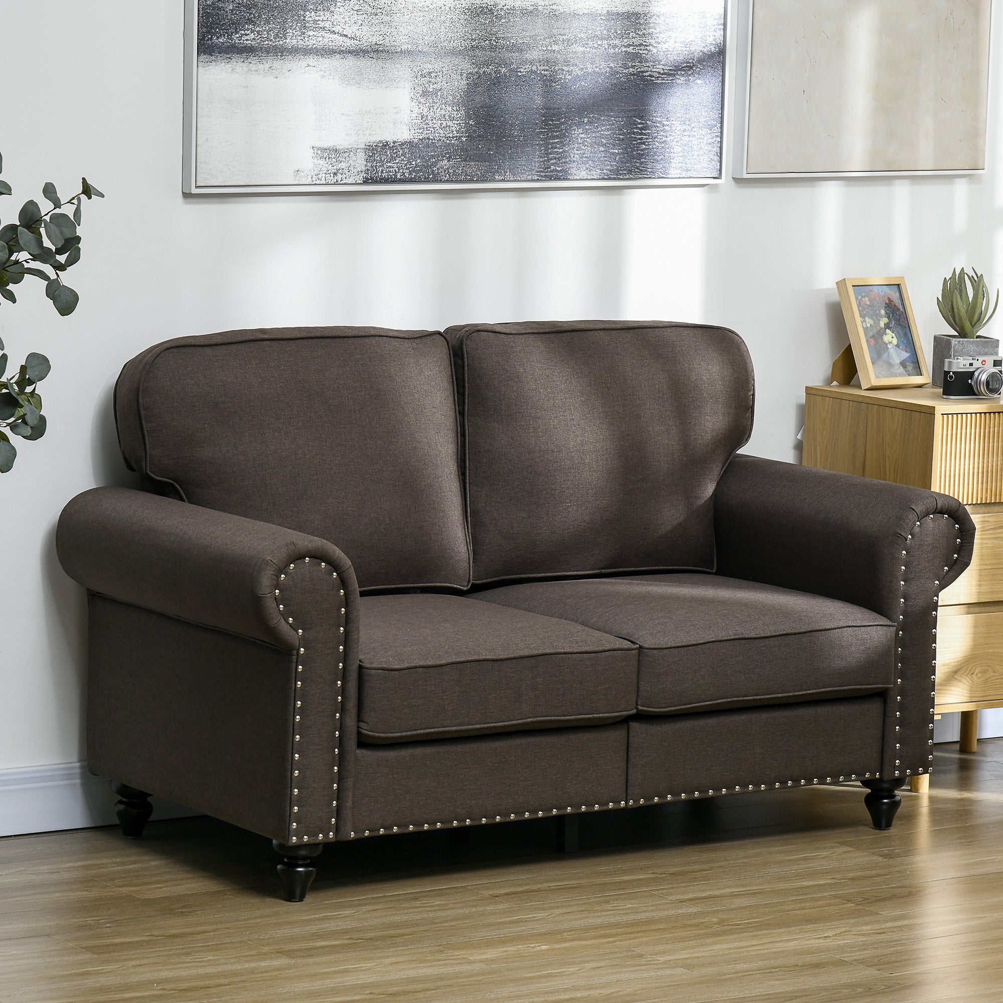 HOMCOM Two-Seater Mid-Century Sofa, with Pocket Springs - Dark Brown - North Peak Garden Furniture