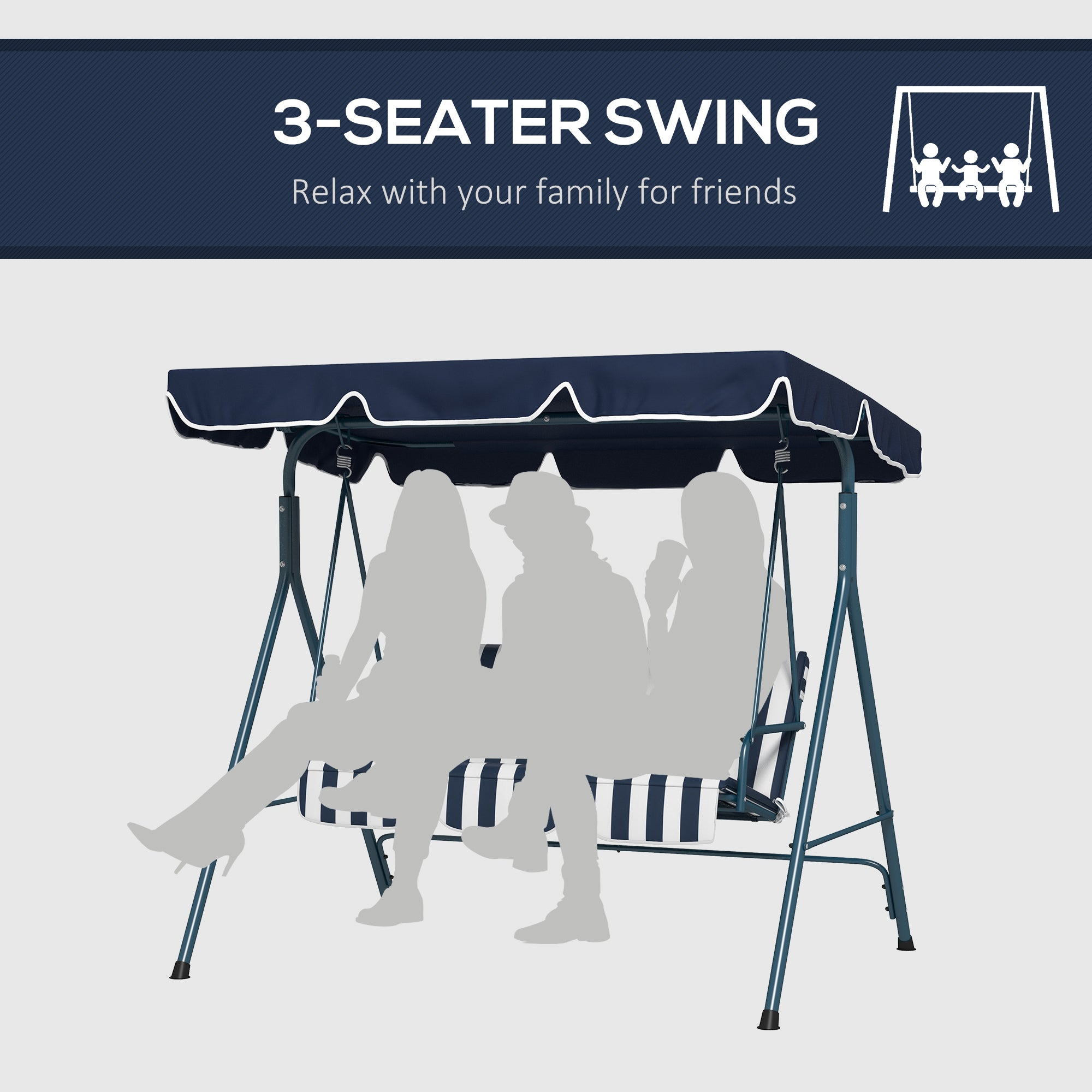 Outsunny 3 Seater Garden Swing Chair, Outdoor Swing Chair with Adjustable Canopy, Mental Frame & Cushions, Blue