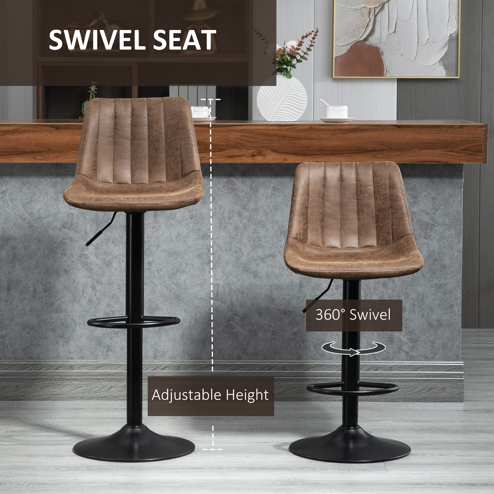 HOMCOM Adjustable Bar Stools Set of 2 Counter Height Barstools Dining Chairs 360° Swivel with Footrest for Home Pub, Brown - North Peak Garden Furniture