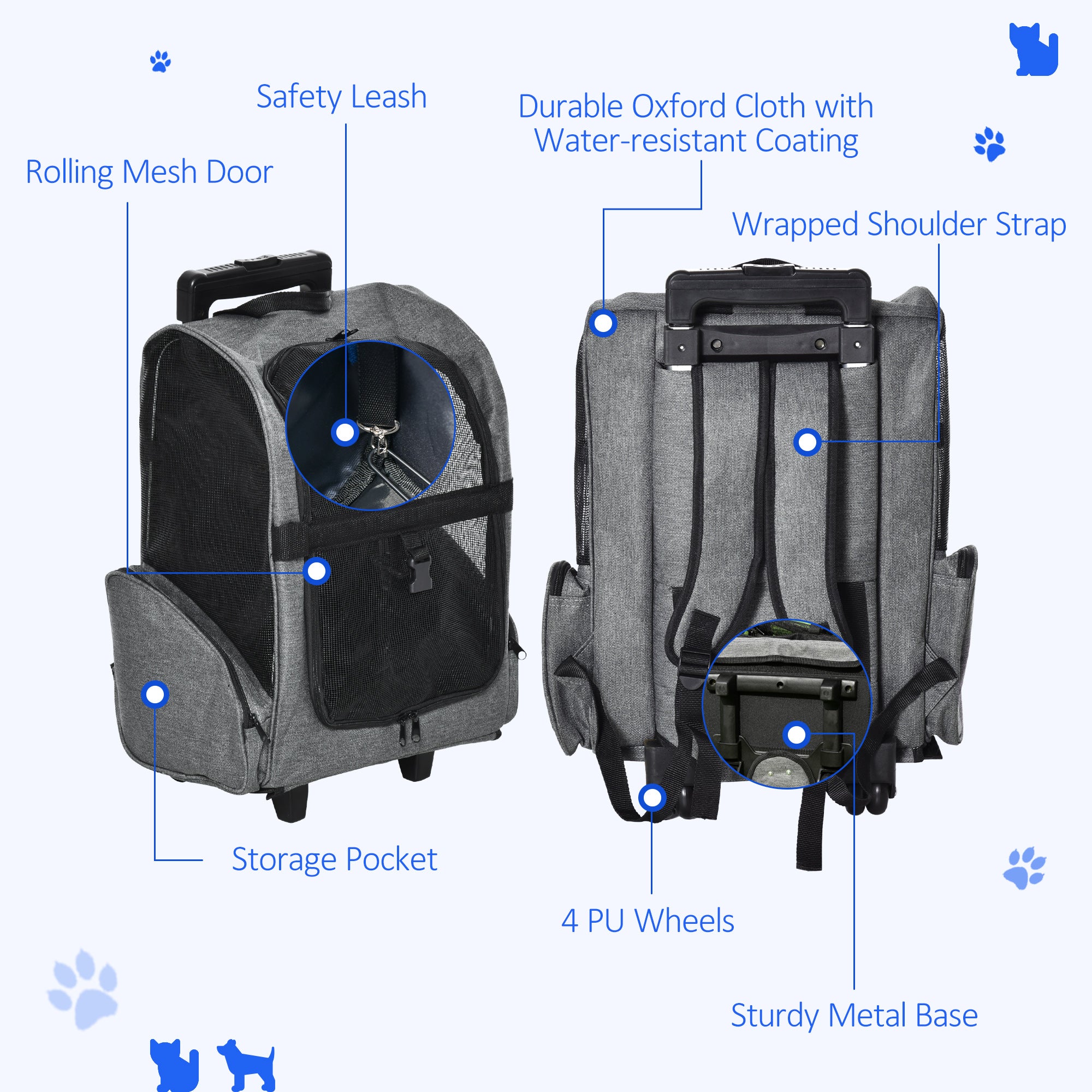 PawHut Pet Travel Backpack Bag Cat Puppy Dog Carrier w/ Trolley and Telescopic Handle Portable Stroller Wheel Luggage Bag (Grey) - North Peak Garden Furniture