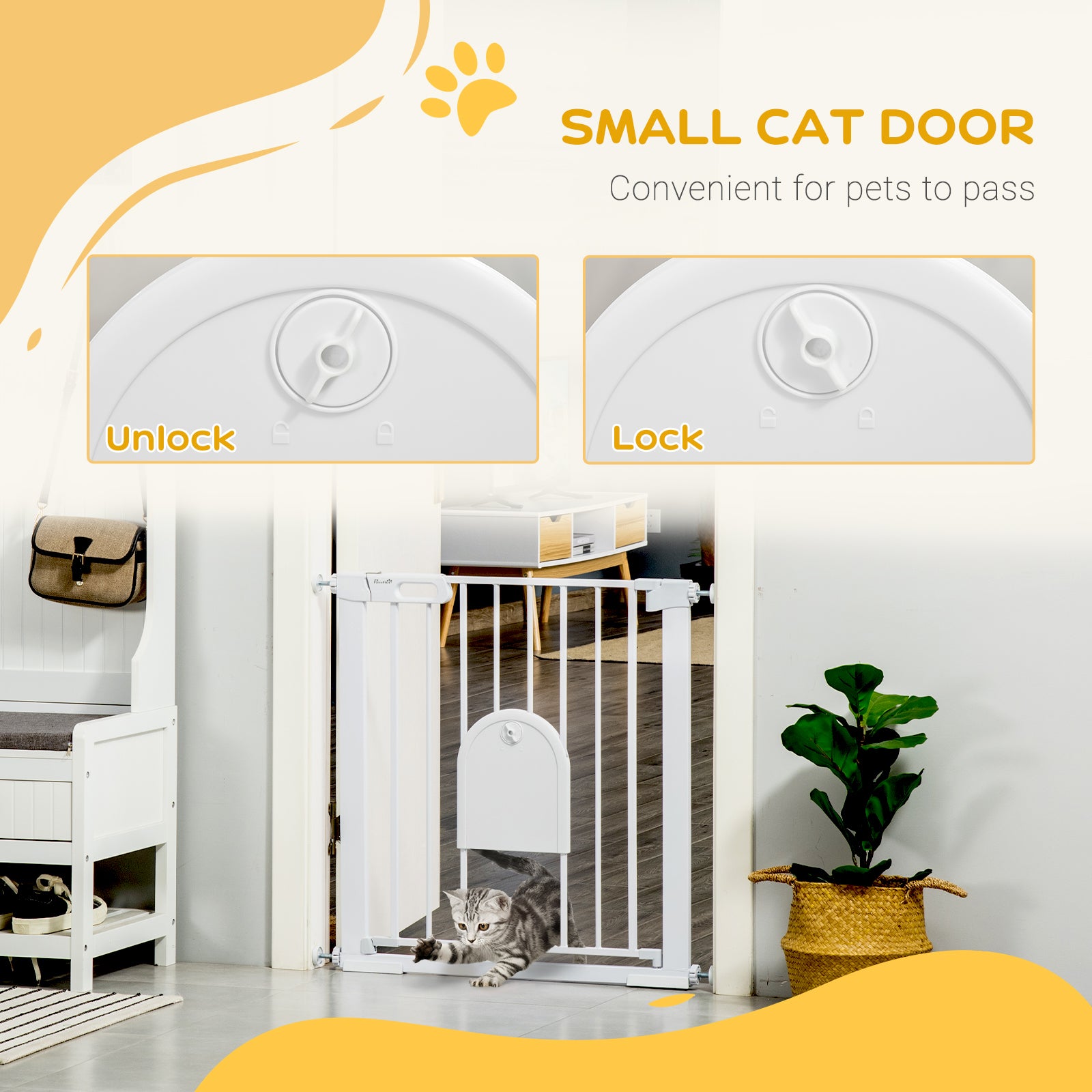 PawHut 75-82cm Pet Safet Gaye, Pressure Fit Stair, with Cat Flap, Double Locking, White - North Peak Garden Furniture
