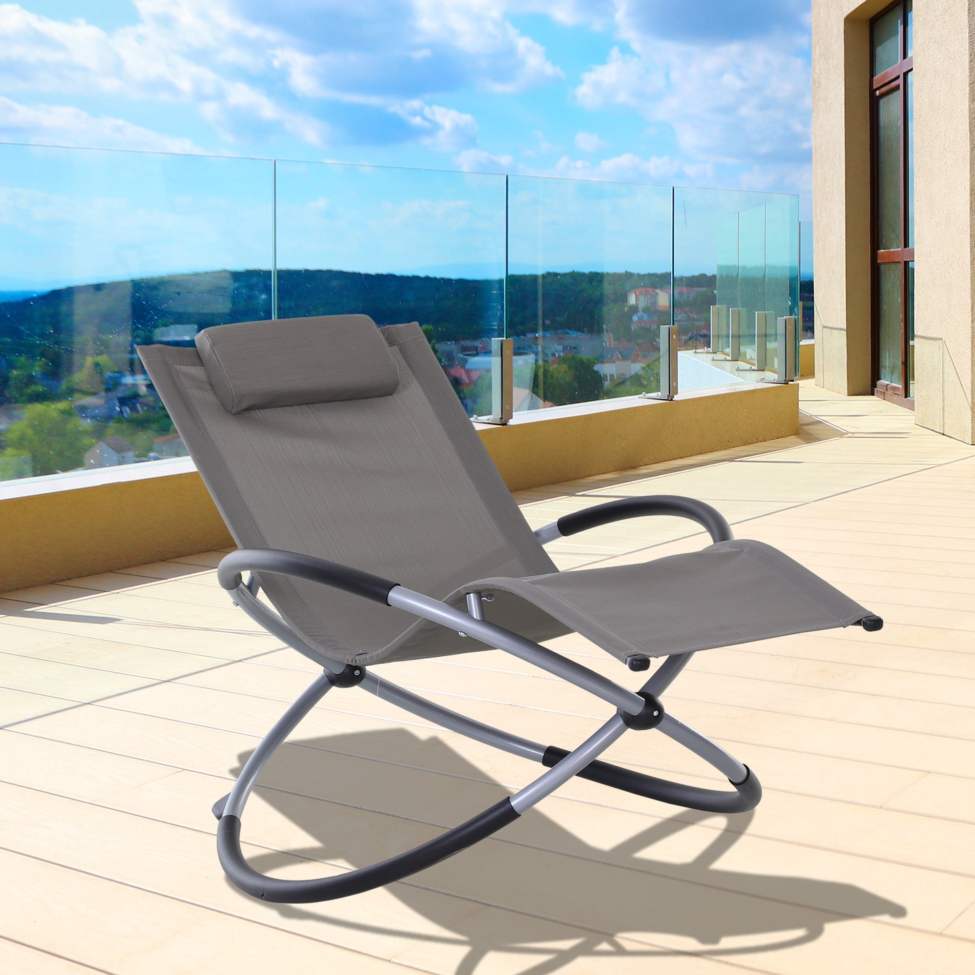 Outsunny Outdoor Orbital Lounger Zero Gravity Patio Chaise Sun Lounger Foldable Rocking Chair with Pillow, Grey