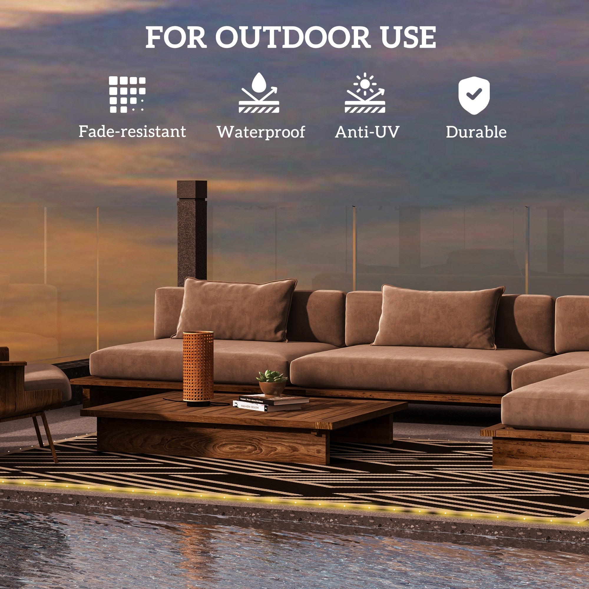 Outsunny Plastic Straw Reversible RV Outdoor Rug with LED String Light, 182 x 274cm, Black and Coffee - North Peak Garden Furniture