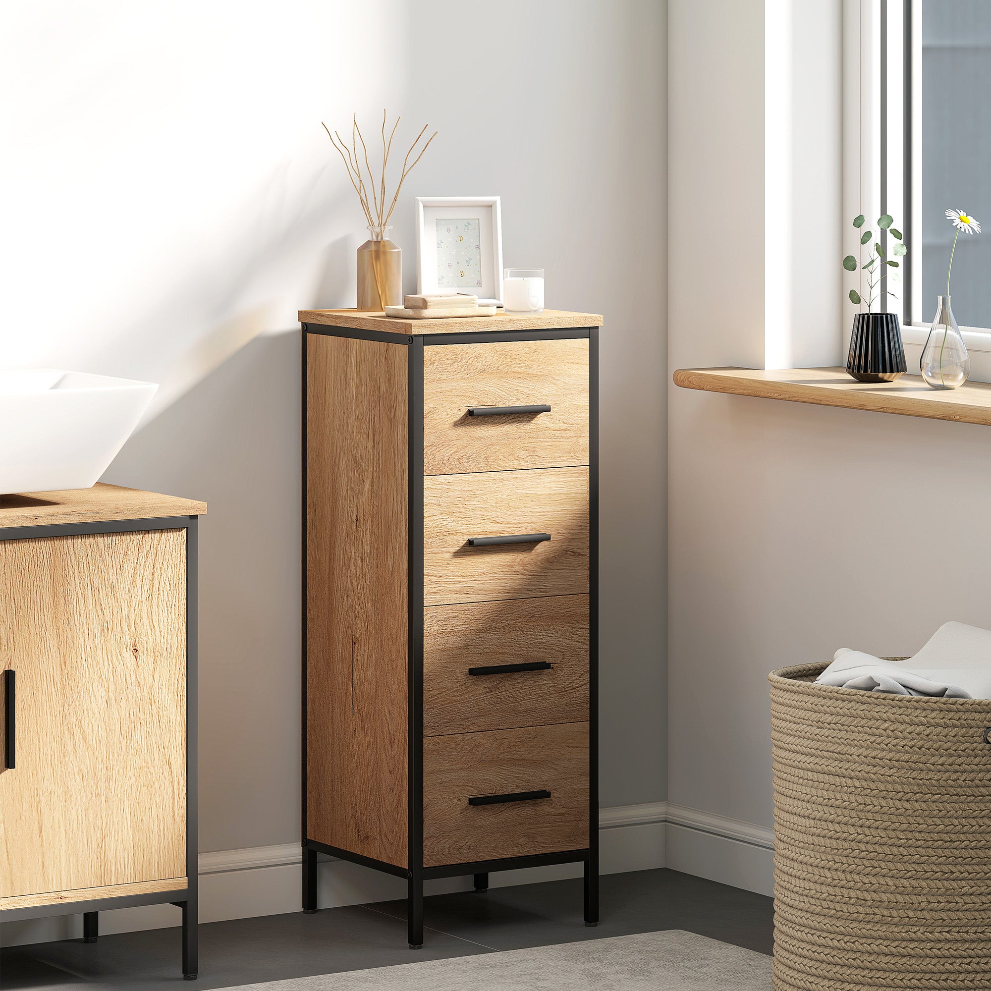HOMCOM Narrow Bathroom Storage Cabinet with 4 Drawers - Oak - North Peak Garden Furniture