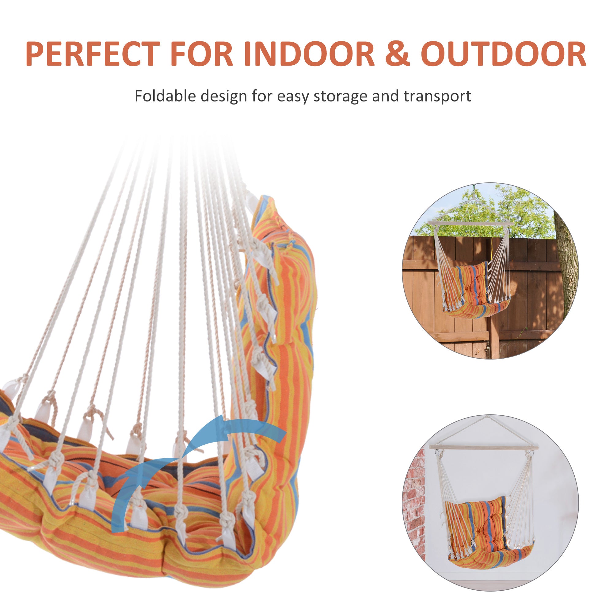 Outsunny Outdoor Hanging Rope Chair with Soft Padded Seat & Backrest, Garden Hammock Chair with Wooden Support Bar Cotton Cloth, Portable Garden Chair for Patio & Tree, Orange - North Peak Garden Furniture