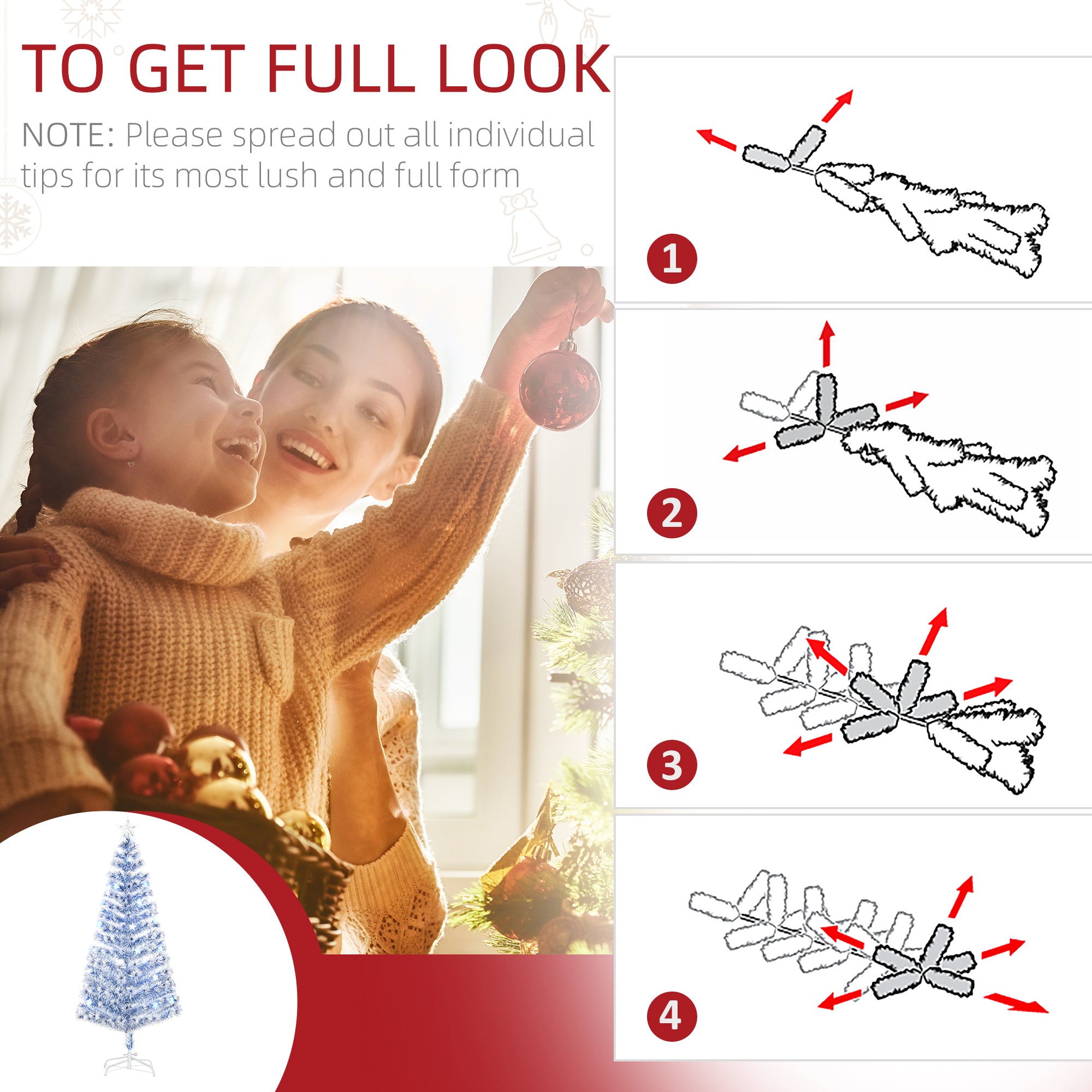 HOMCOM 6FT Artificial Fibre Optic Christmas Tree Seasonal Decoration w/ LED Lights Pre-Lit Easy Store White Blue - North Peak Garden Furniture