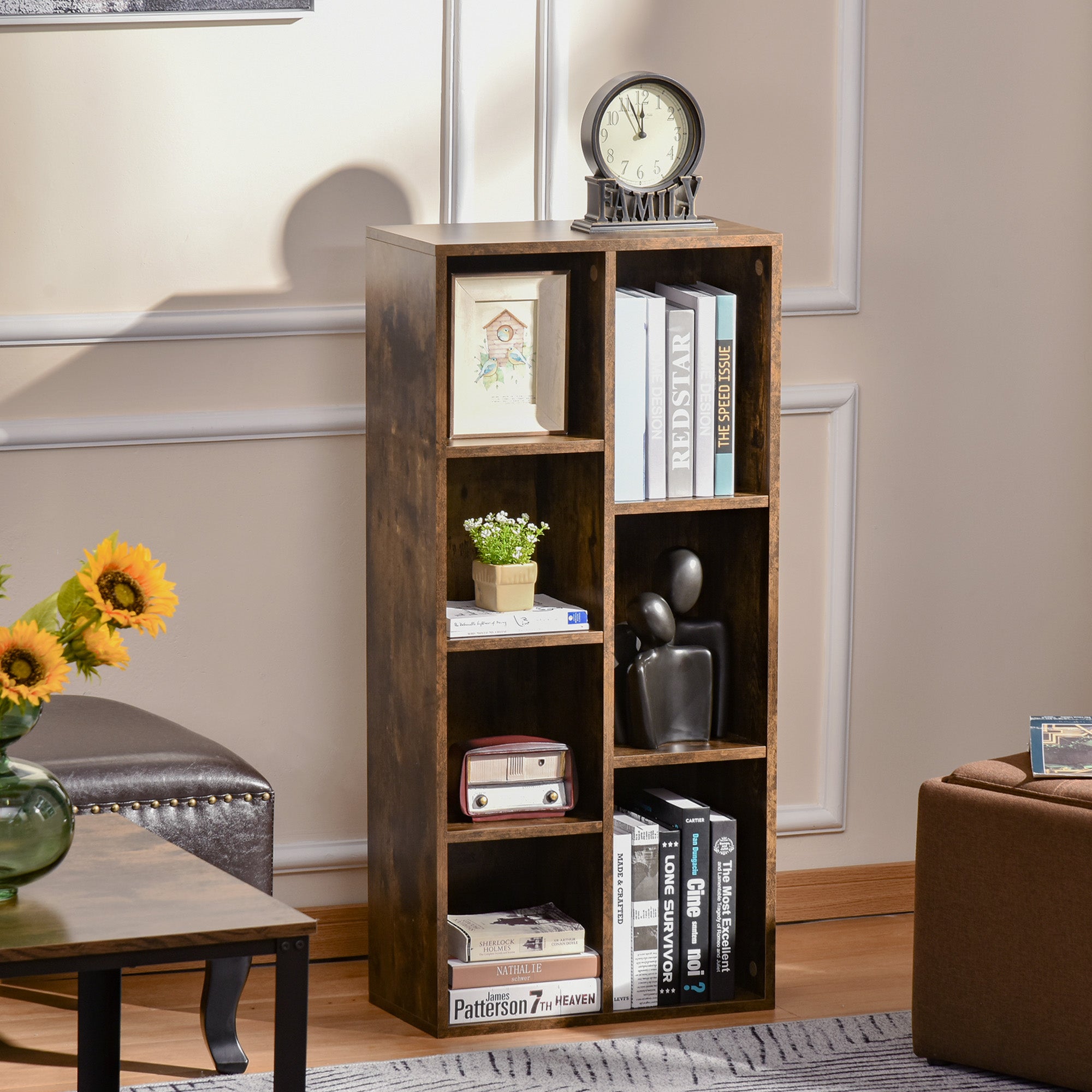 HOMCOM Seven-Cube Bookcase - Rustic Brown Wood Effect - North Peak Garden Furniture