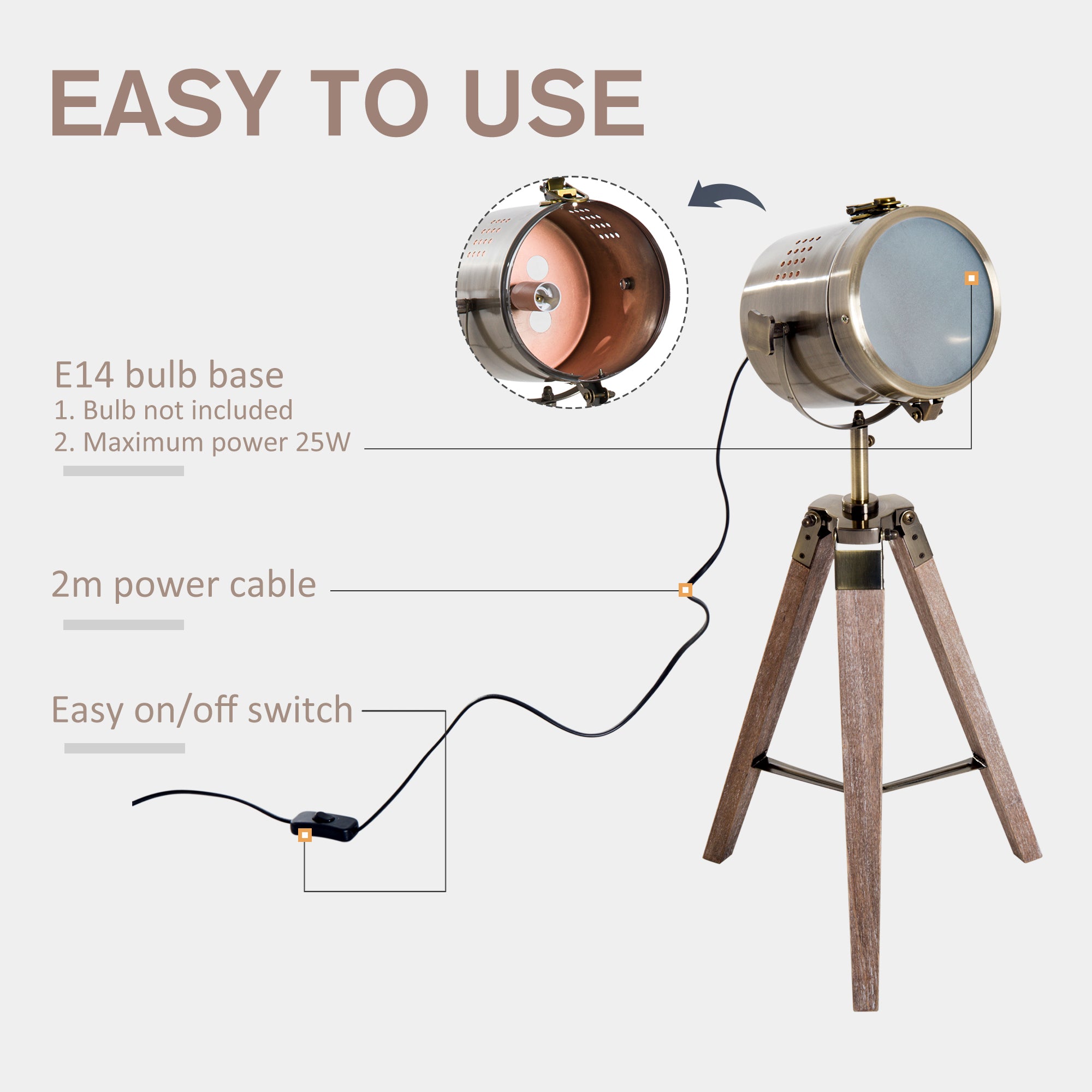 HOMCOM Vintage Tripod Table Desk Lamp Bedside Light Spotlight Brass Antique Searchlight Wooden Base - North Peak Garden Furniture