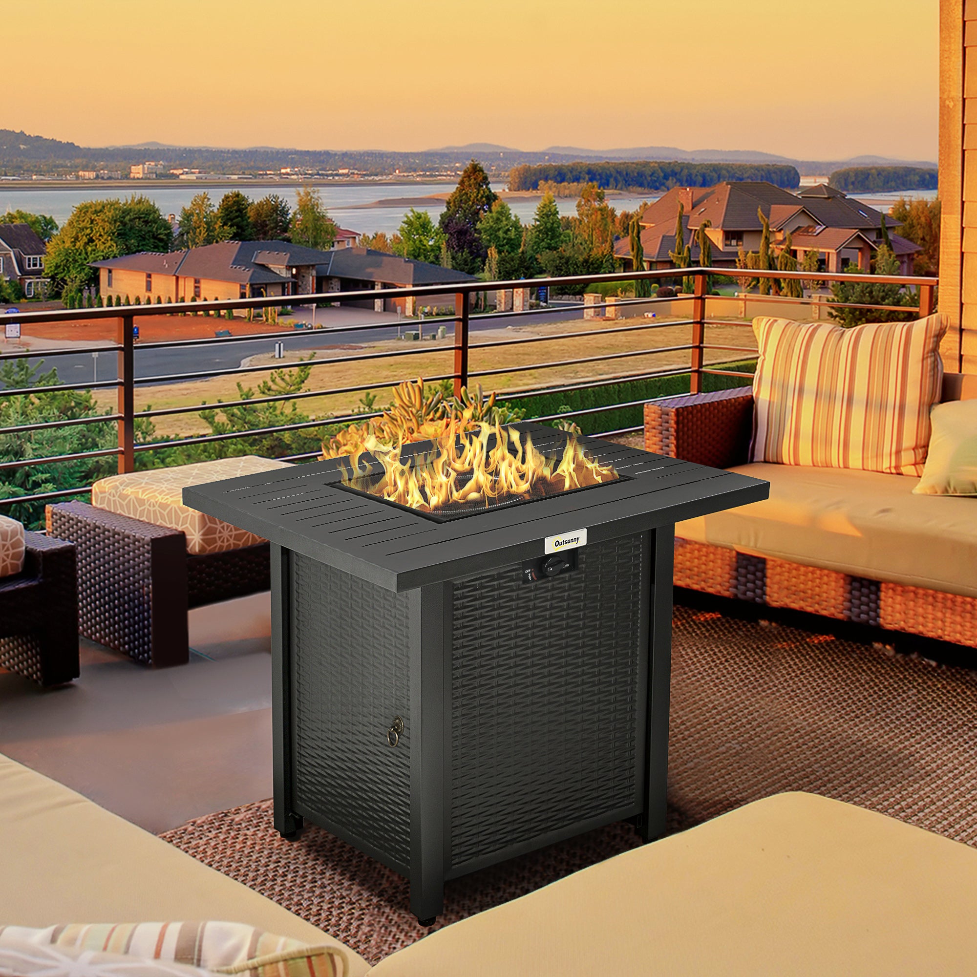 Outsunny Rattan-style Propane Gas Fire Pit Table with 40,000 BTU Burner, Square Smokeless Firepit Patio Heater with Thermocouple, Lava Rocks, Waterproof Cover, Spark Guard, and Lid - North Peak Garden Furniture