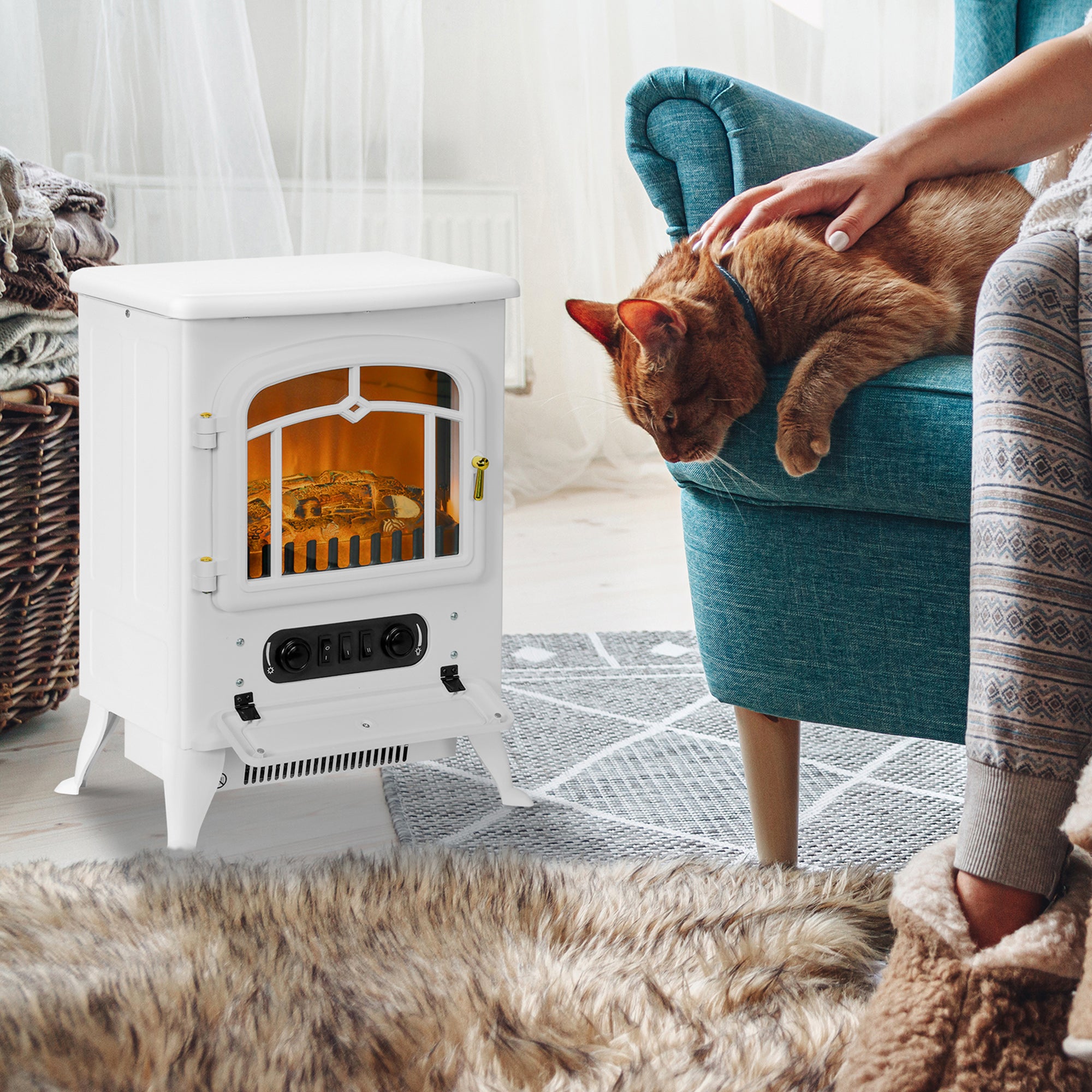 HOMCOM Modern Electric Fireplace, Freestanding Electric Stove Fire with Flame Effect, 1000/2000W, White