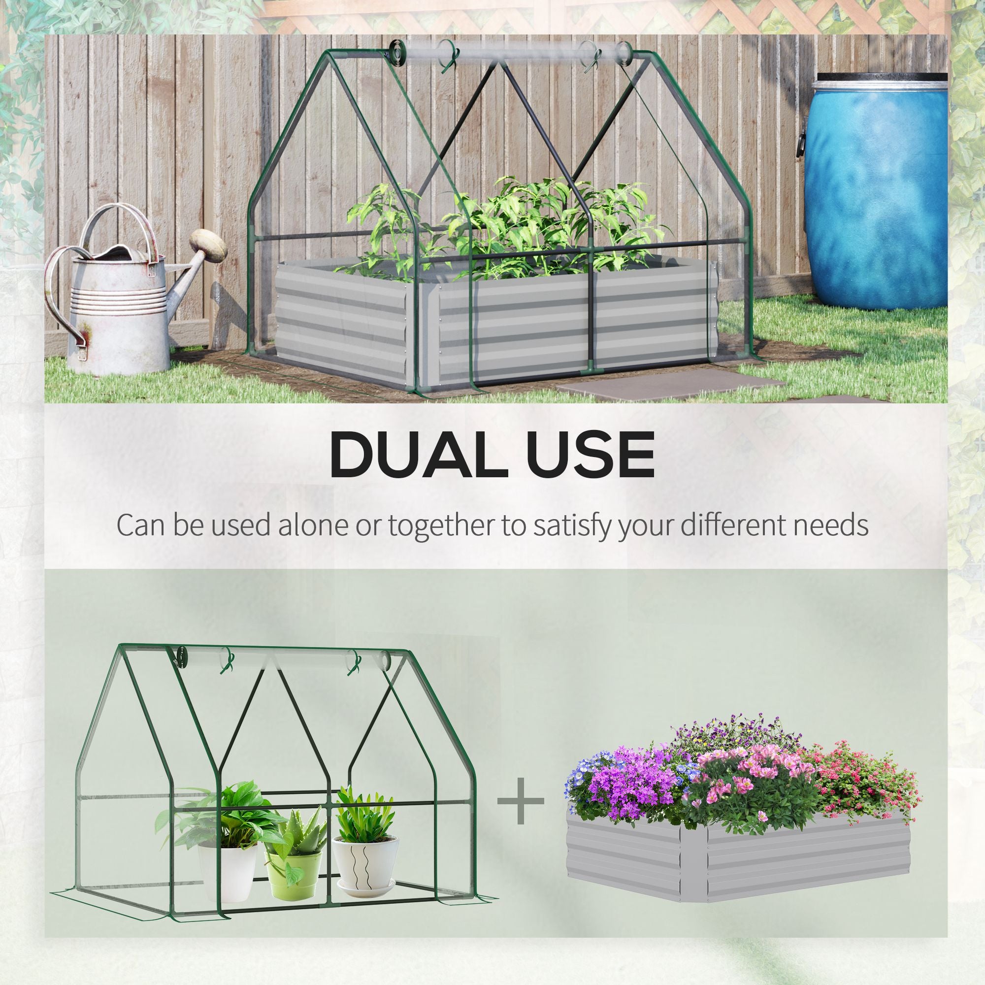 Outsunny Raised Garden Bed with Greenhouse, Steel Planter Box with Plastic Cover, Roll Up Window, Dual Use for Flowers, Vegetables, Fruits and Herbs, 127L x 95W x 92H cm, Clear - North Peak Garden Furniture