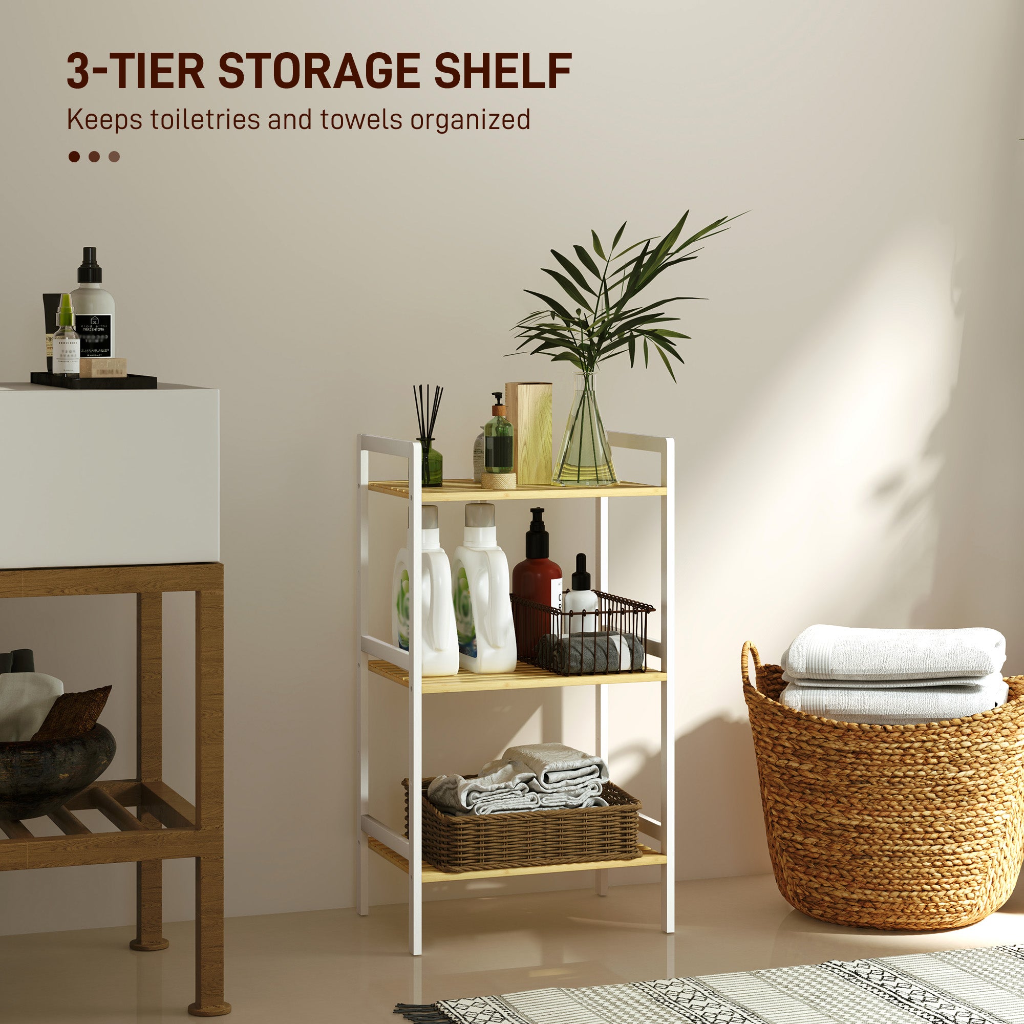 HOMCOM Three-Tier Bamboo Adjustable Shelf Storage Unit - North Peak Garden Furniture