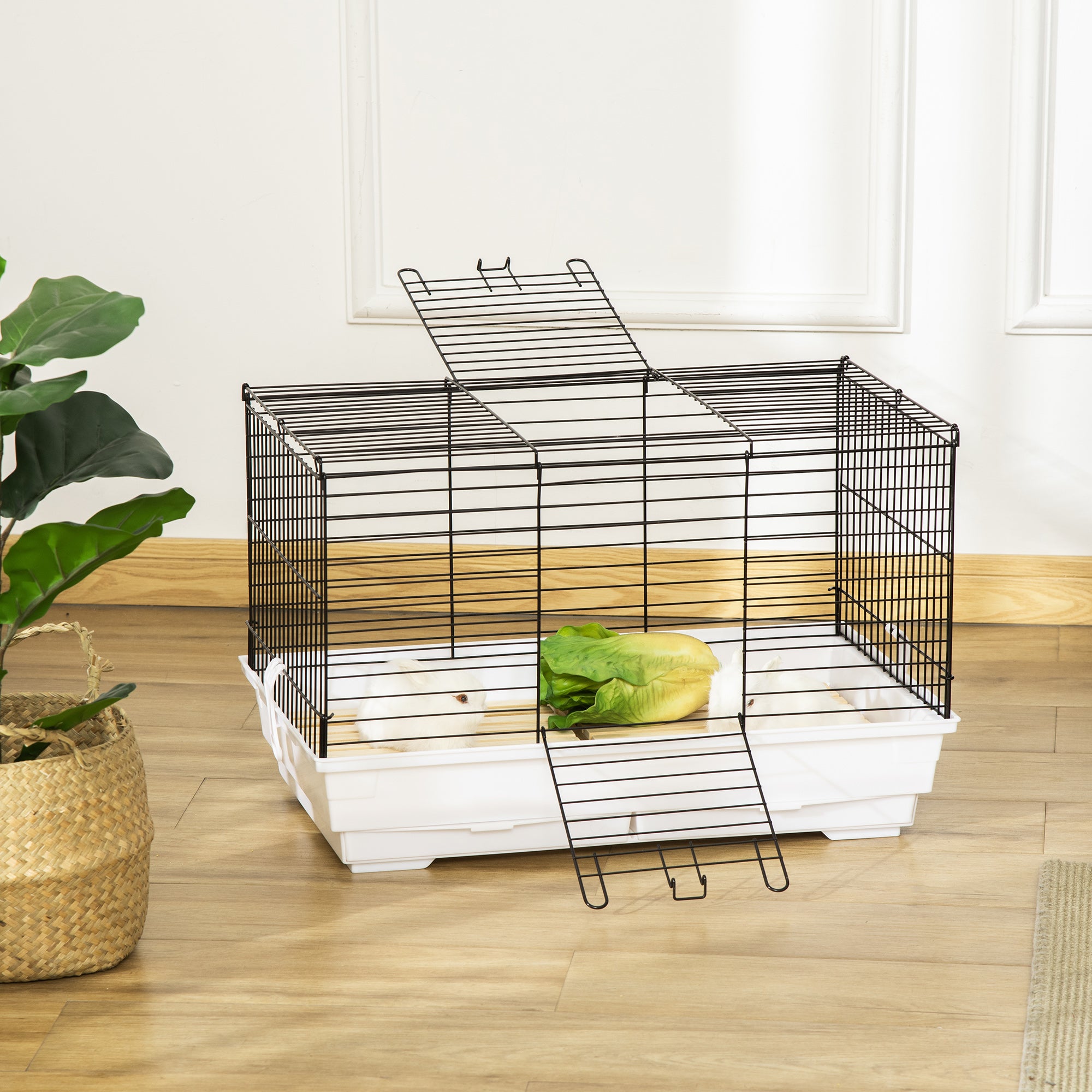 PawHut Indoor Small Animal Cage with Wood Floor, Bunny Guinea Pig House with Removable Tray, 61.5 x 38 x 40 cm, White | Aosom UK