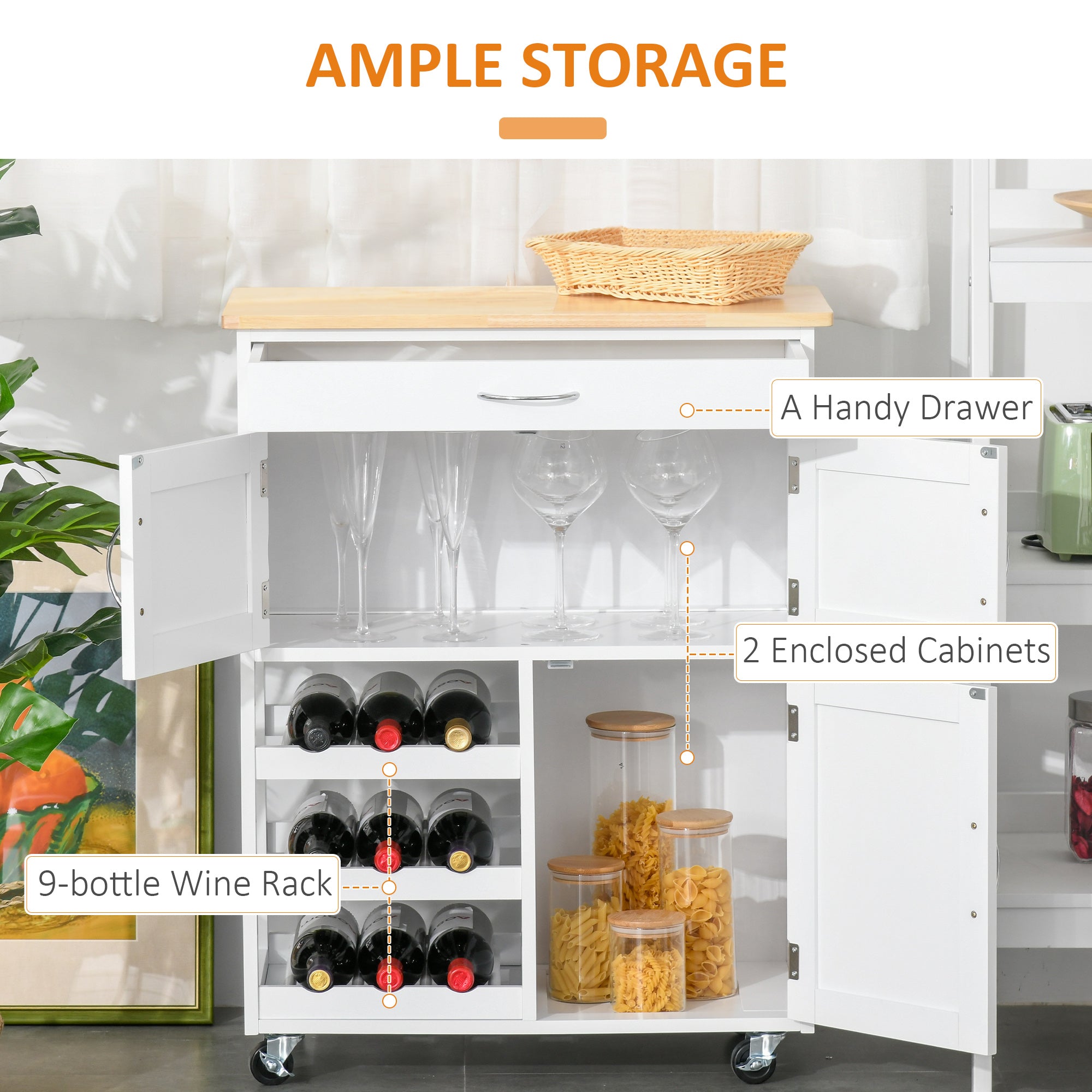 HOMCOM Modern Kitchen Trolley, Rolling Island Storage Cart with Drawer, 9-bottle Wine Rack, Door Cabinets, Wooden Countertop, White - North Peak Garden Furniture