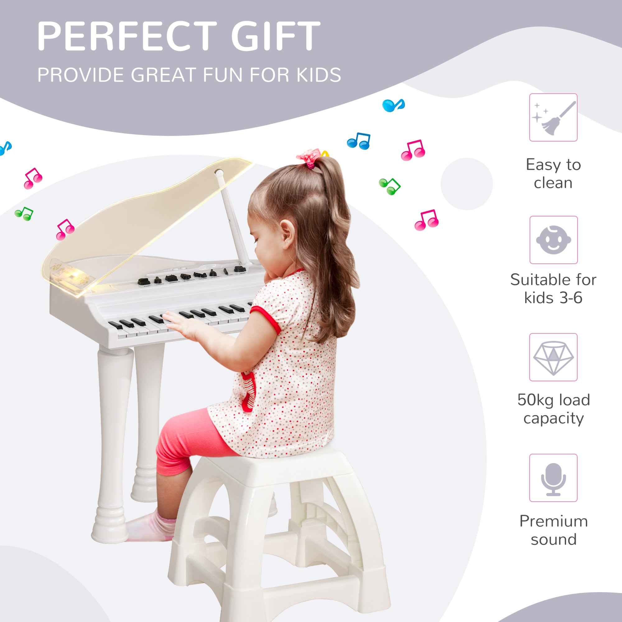 AIYAPLAY 32-Key Kids Piano Keyboard, with Stool, Lights, Microphone, Sounds, Removable Legs - White