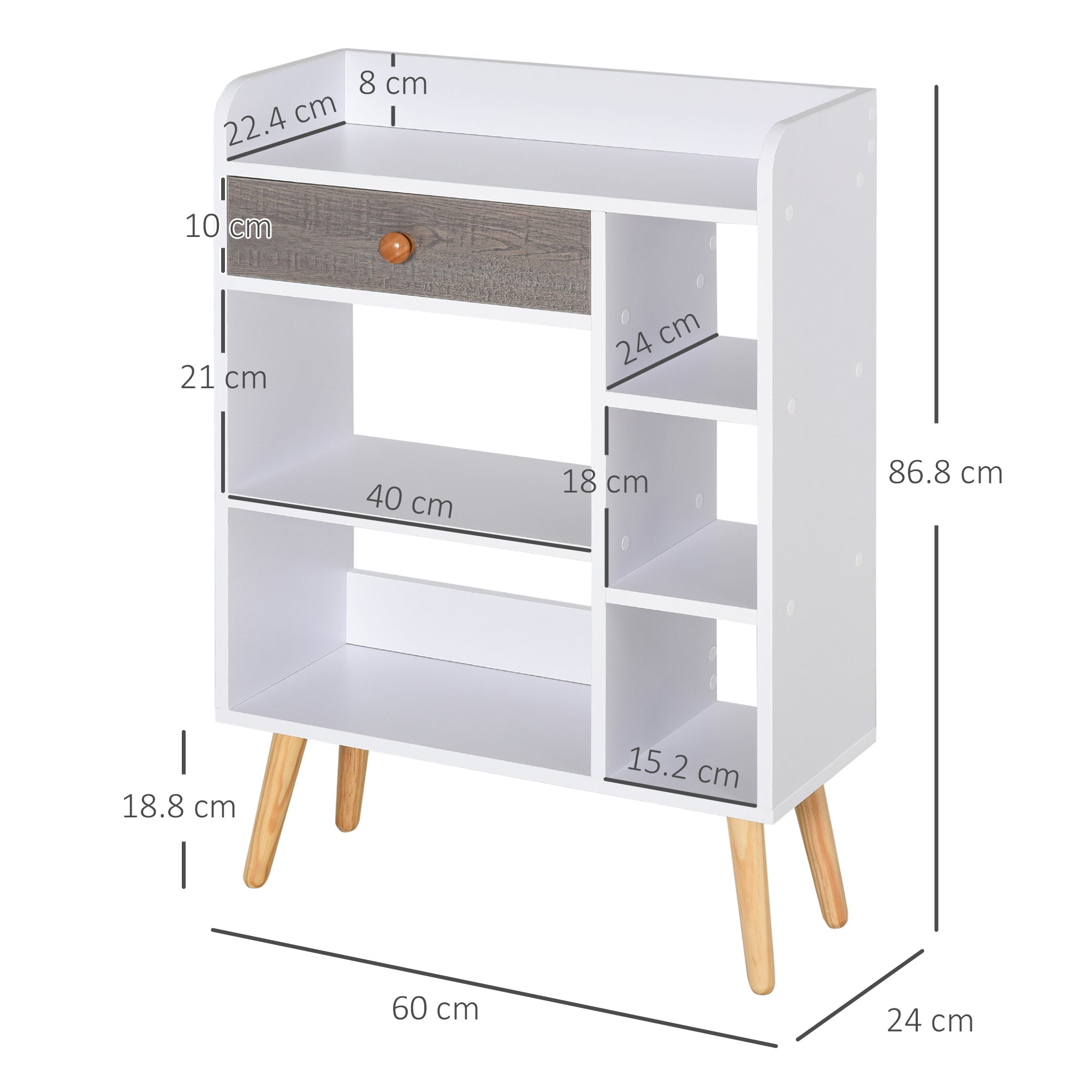 HOMCOM Multi-Shelf Modern Bookcase Freestanding Storage w/ Drawer 6 Shelves Wood Legs Home Office Display Furniture Stylish White Grey - North Peak Garden Furniture