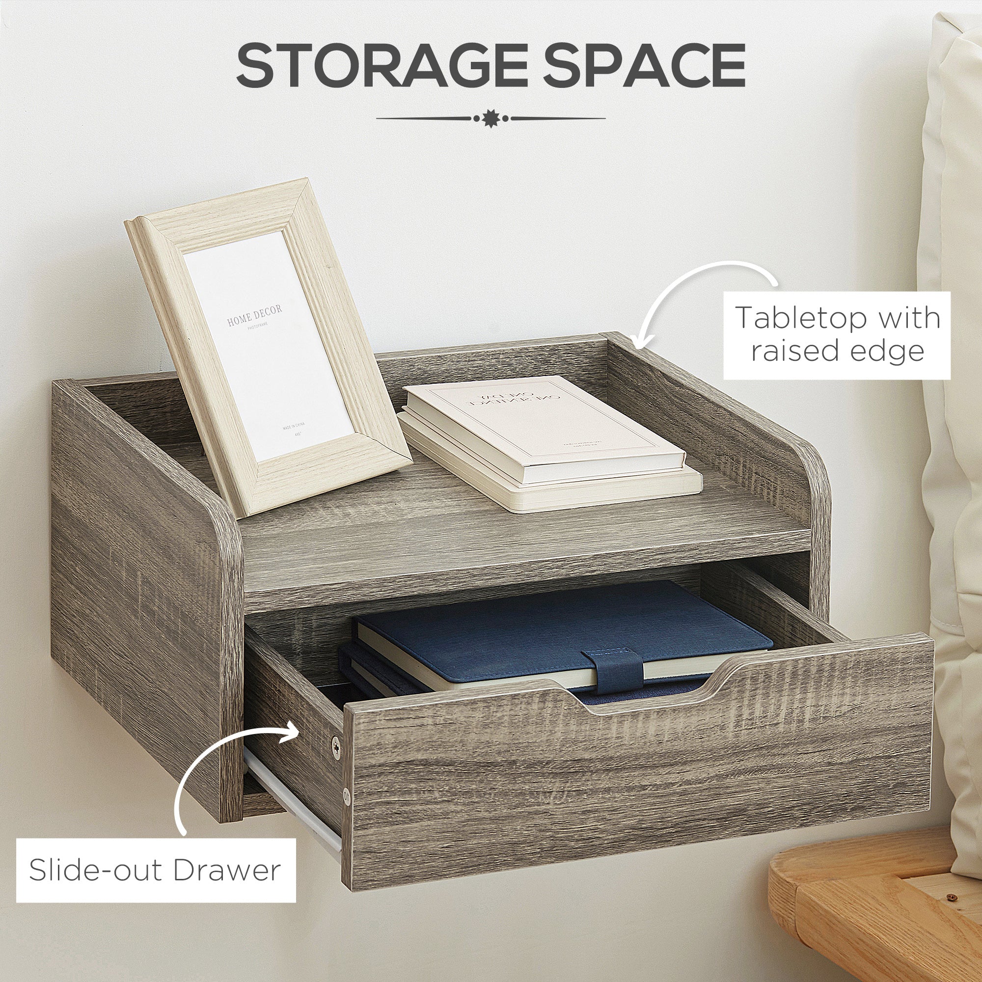 HOMCOM Floating Nightstand Set of 2 Wall Mounted Bedside Table with Storage Drawer for Bedroom, Grey - North Peak Garden Furniture