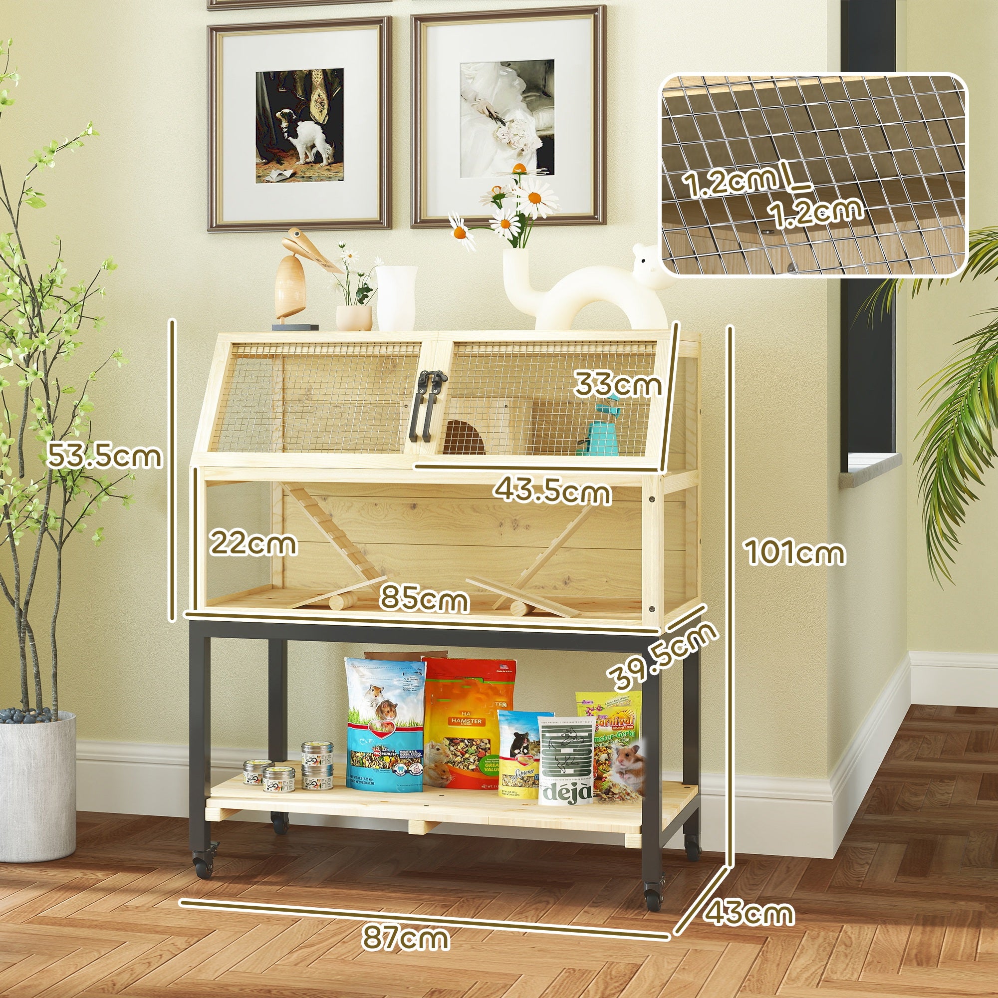 PawHut Wooden Hamster Cage with Storage Shelf, Wheels, Ramps, Water Bottle, Hut, Seesaws, 87 x 43 x 101cm - North Peak Garden Furniture