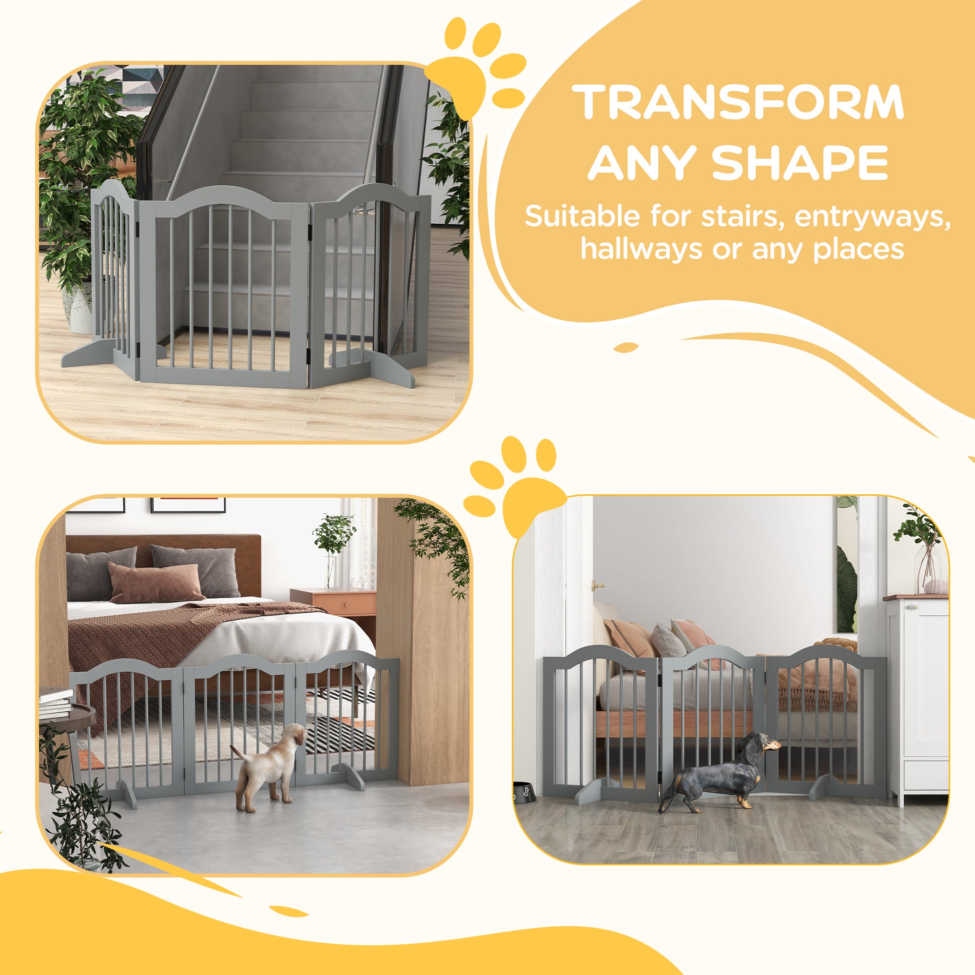PawHut 3 Panels Dog Gate w/ Support Feet Fence Safety Barrier Freestanding Wood Light Grey - North Peak Garden Furniture