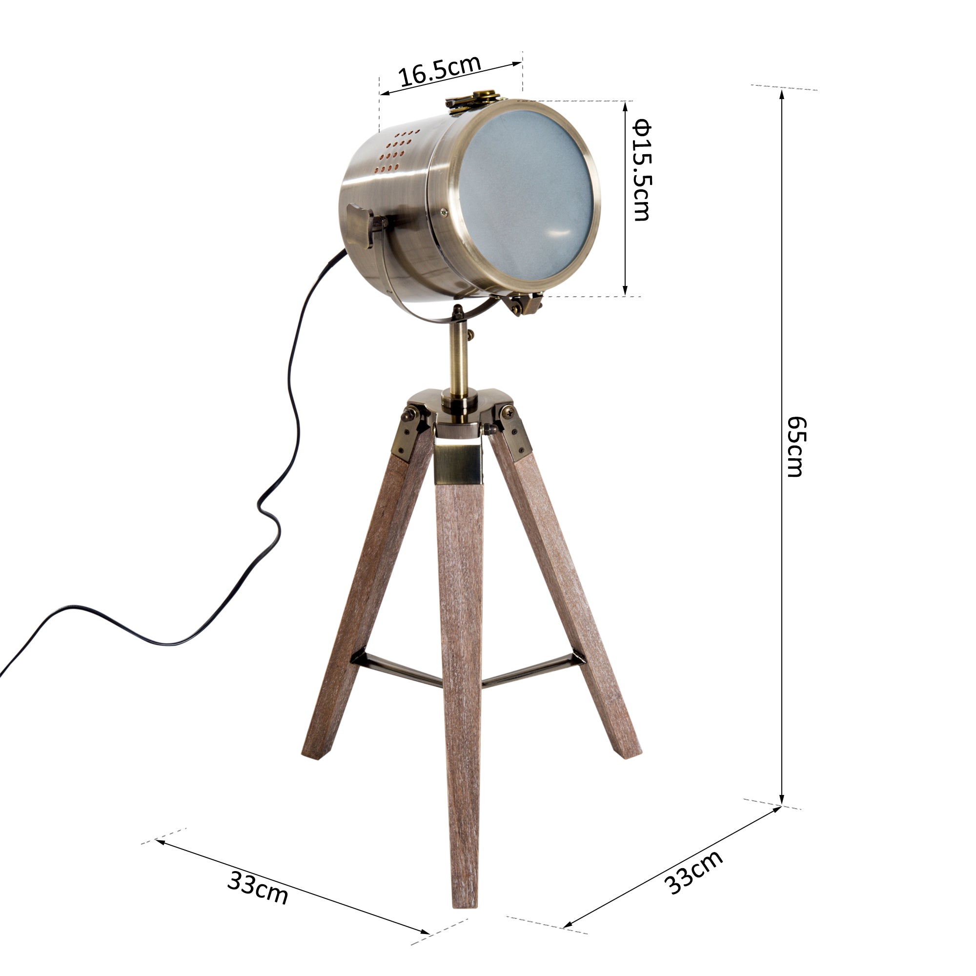 HOMCOM Vintage Tripod Table Desk Lamp Bedside Light Spotlight Brass Antique Searchlight Wooden Base