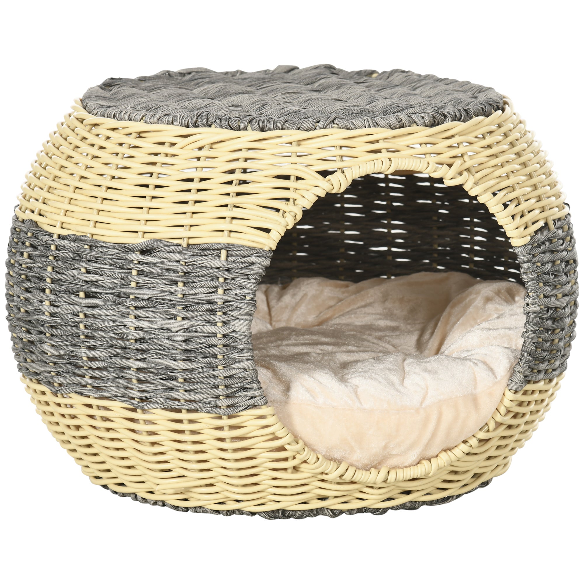 PawHut Wicker Cat House, Rattan Raised Cat Bed, Cosy Kitten Cave with Soft Washable Cushion, Φ40 x 30cm - North Peak Garden Furniture